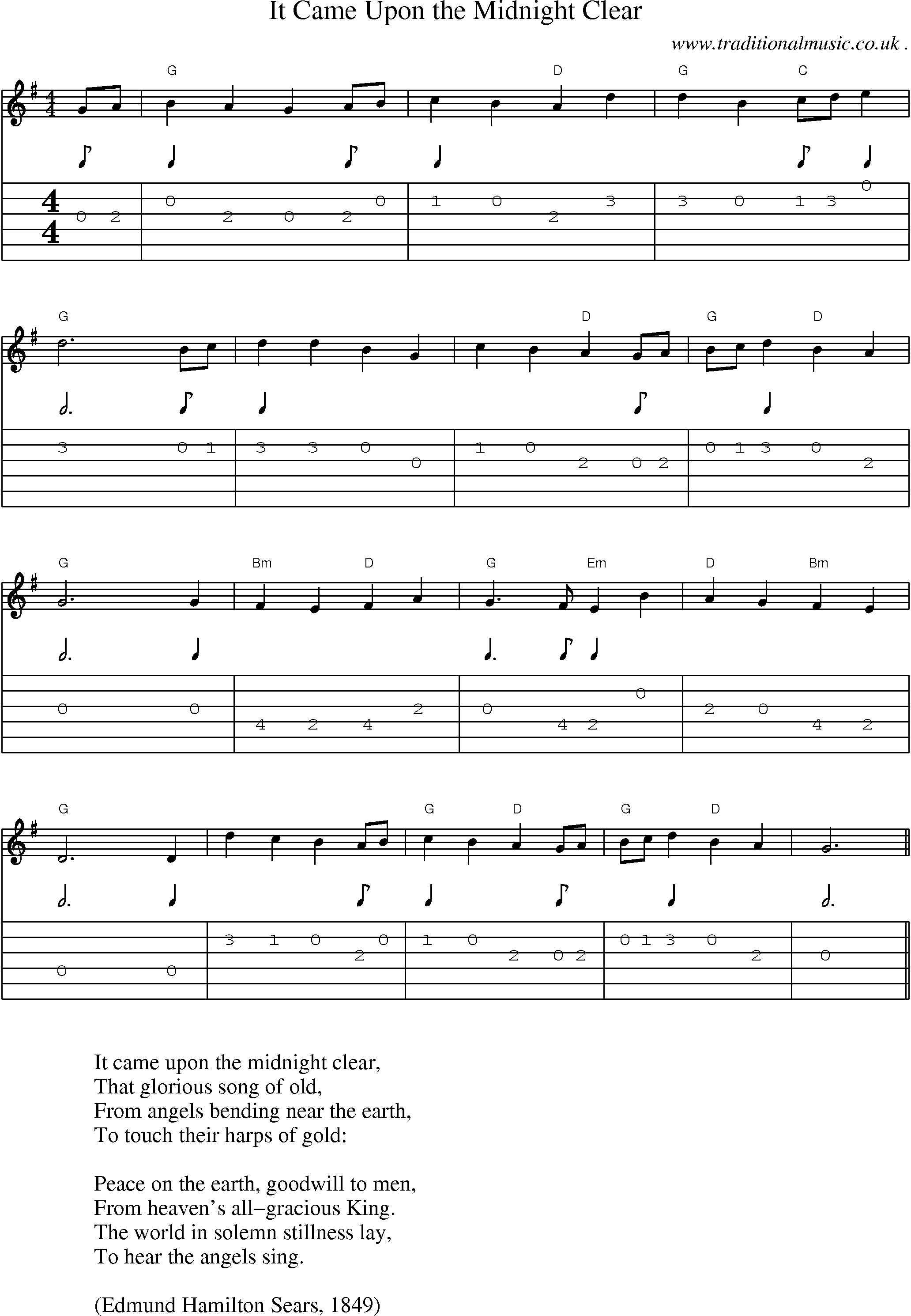 Music Score and Guitar Tabs for It Came Upon the Midnight Clear