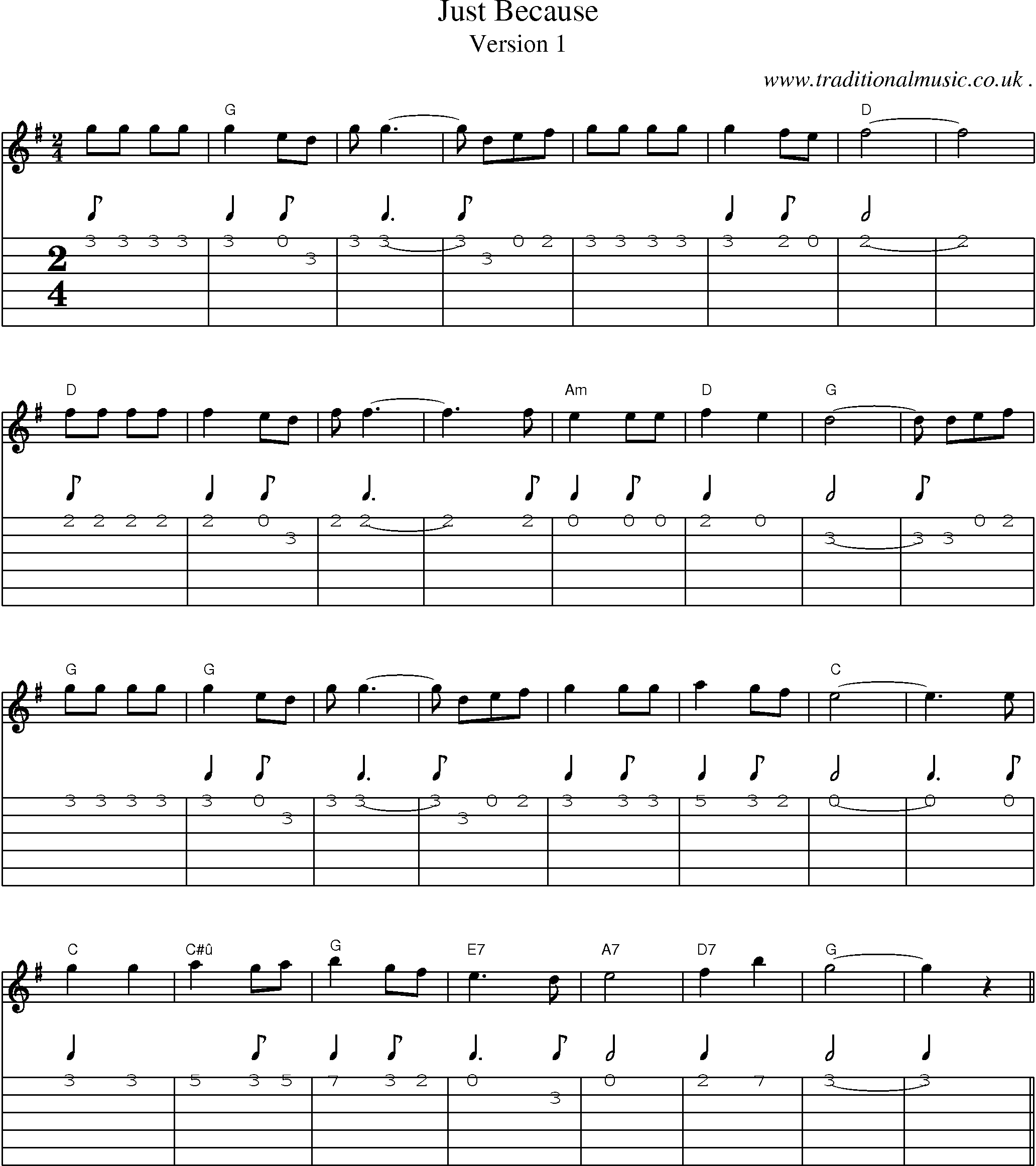 Music Score and Guitar Tabs for Just Because 
