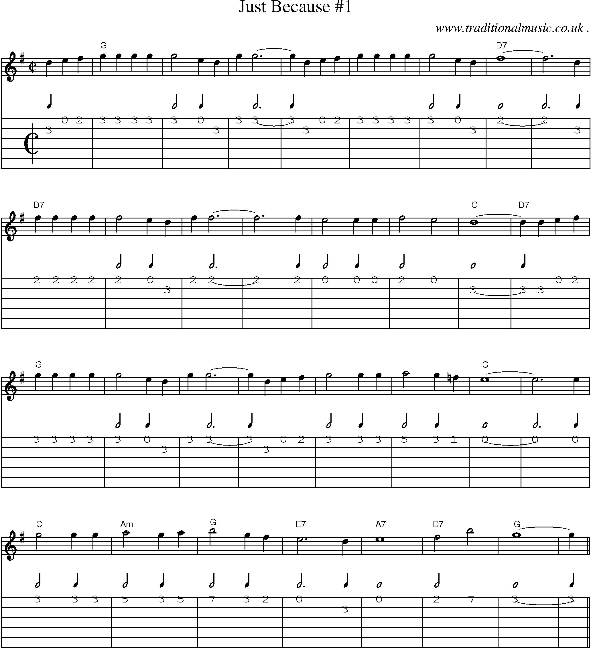 Music Score and Guitar Tabs for Just Because 1