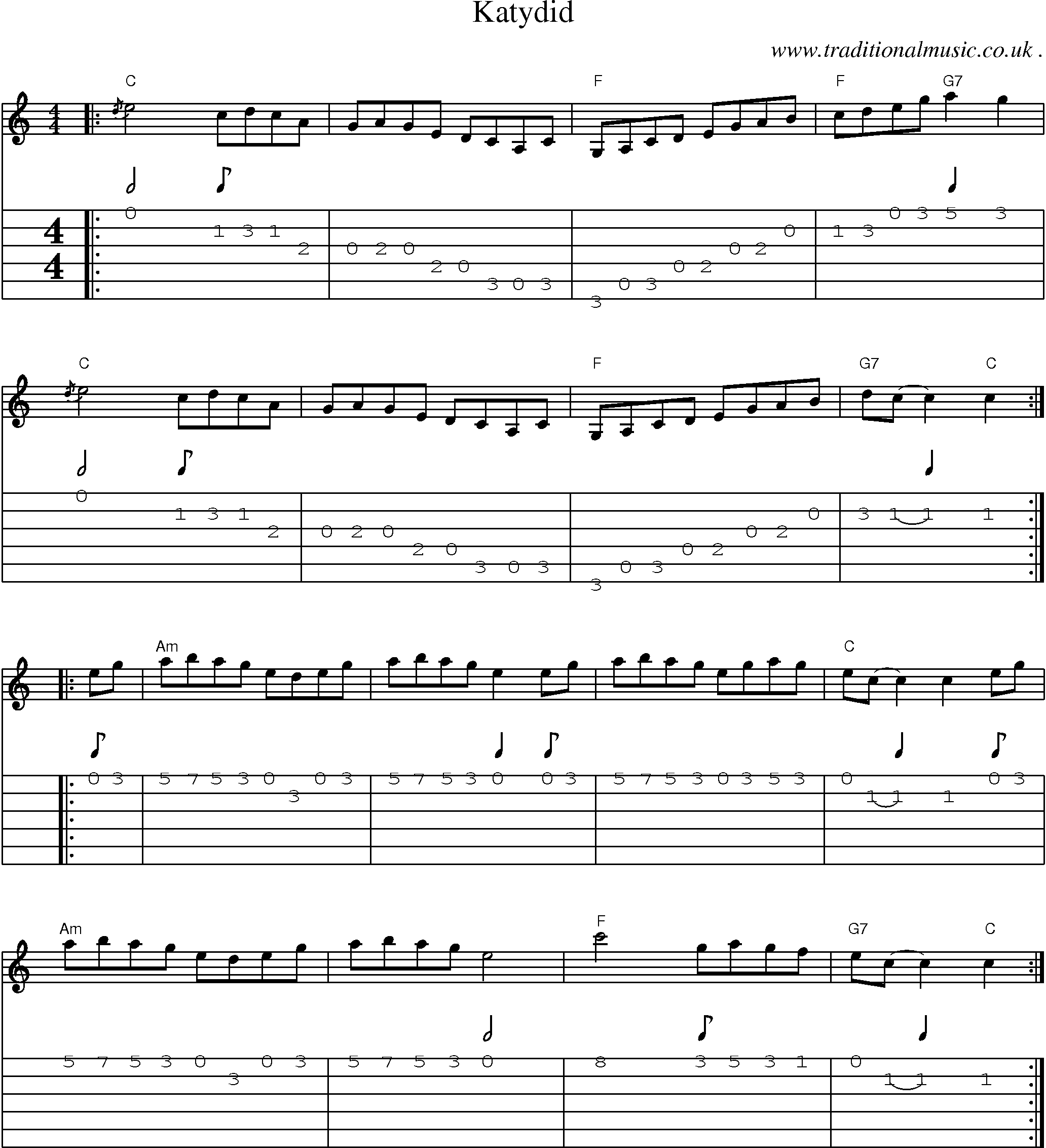 Music Score and Guitar Tabs for Katydid