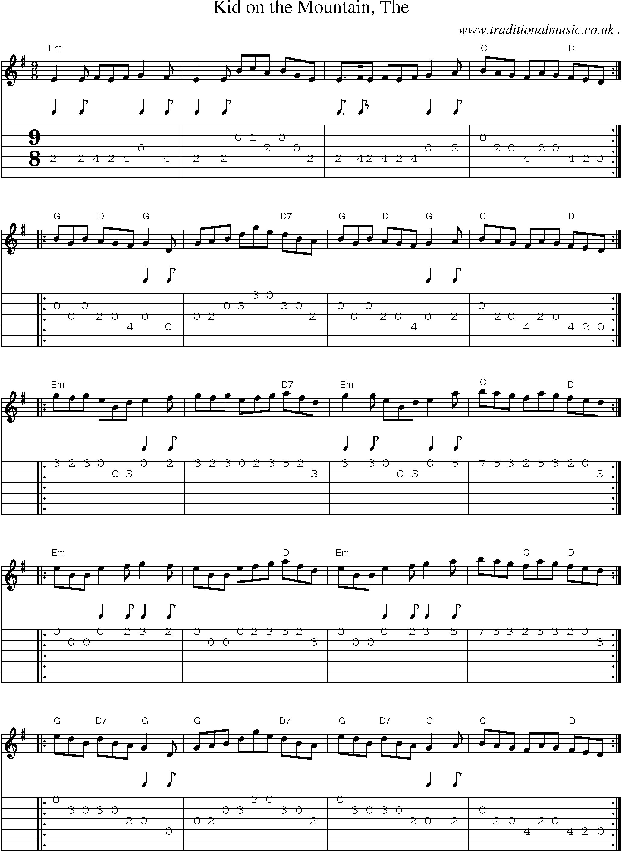 Music Score and Guitar Tabs for Kid on the Mountain The