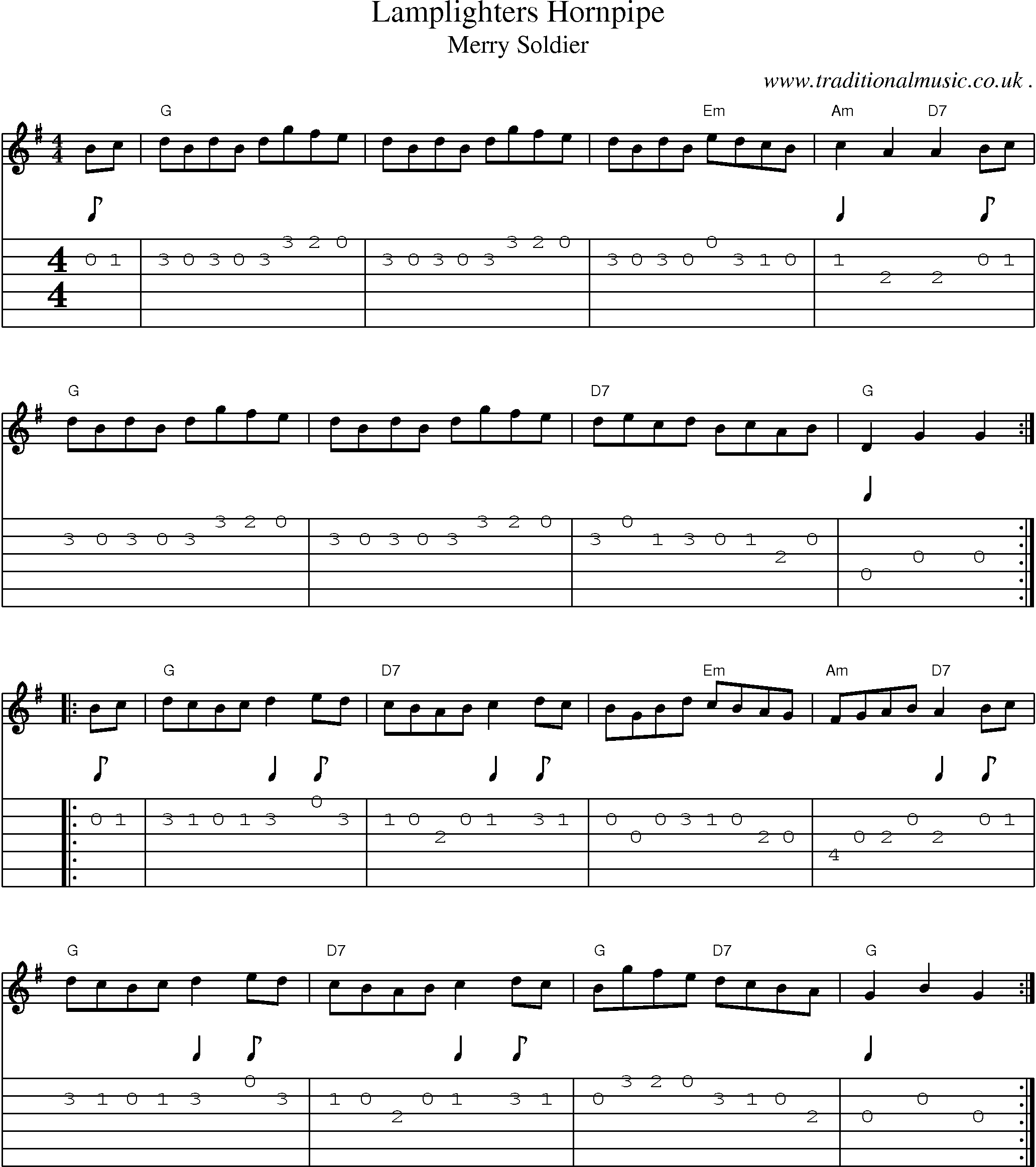 Music Score and Guitar Tabs for Lamplighters Hornpipe
