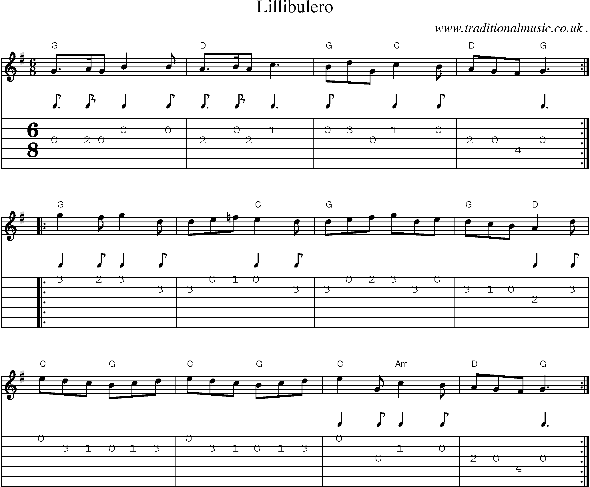 Music Score and Guitar Tabs for Lillibulero