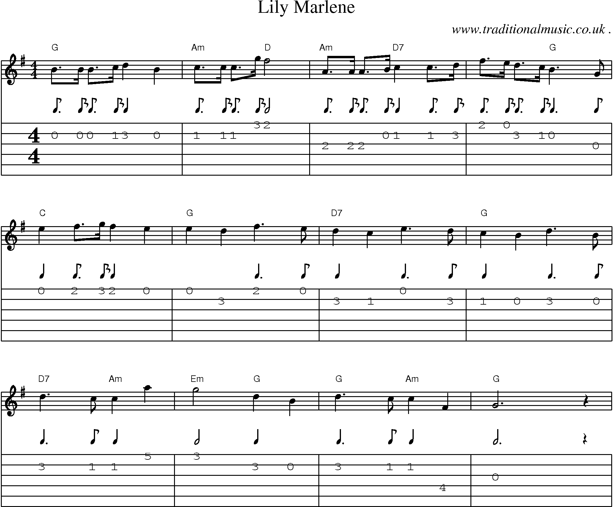 Music Score and Guitar Tabs for Lily Marlene
