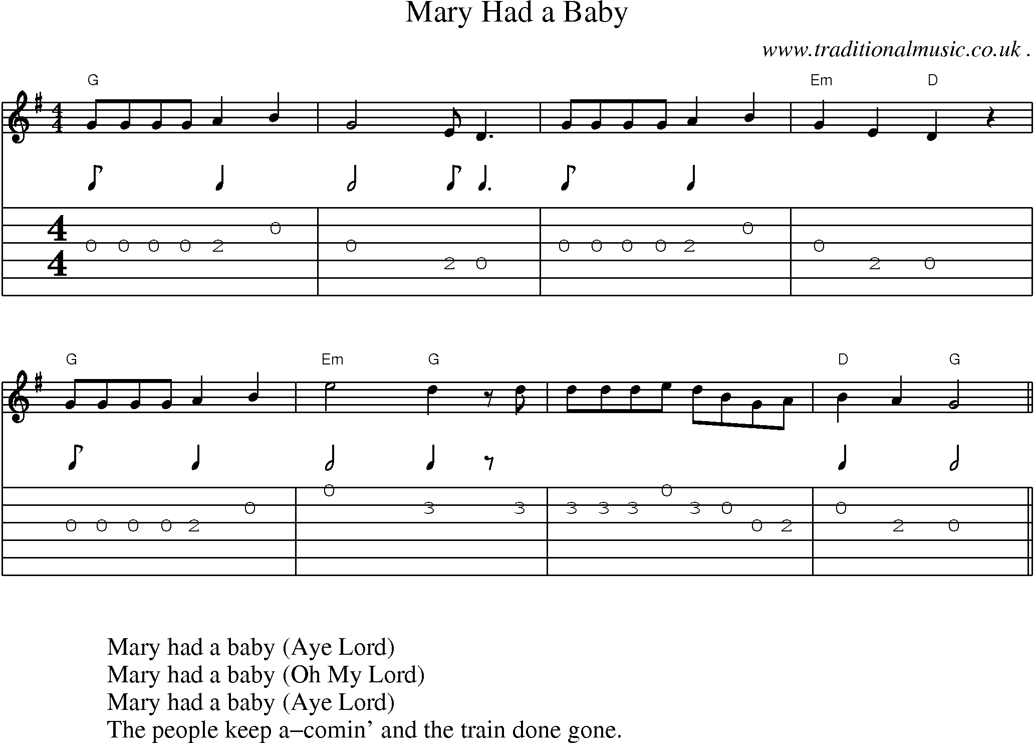 Music Score and Guitar Tabs for Mary Had a Baby