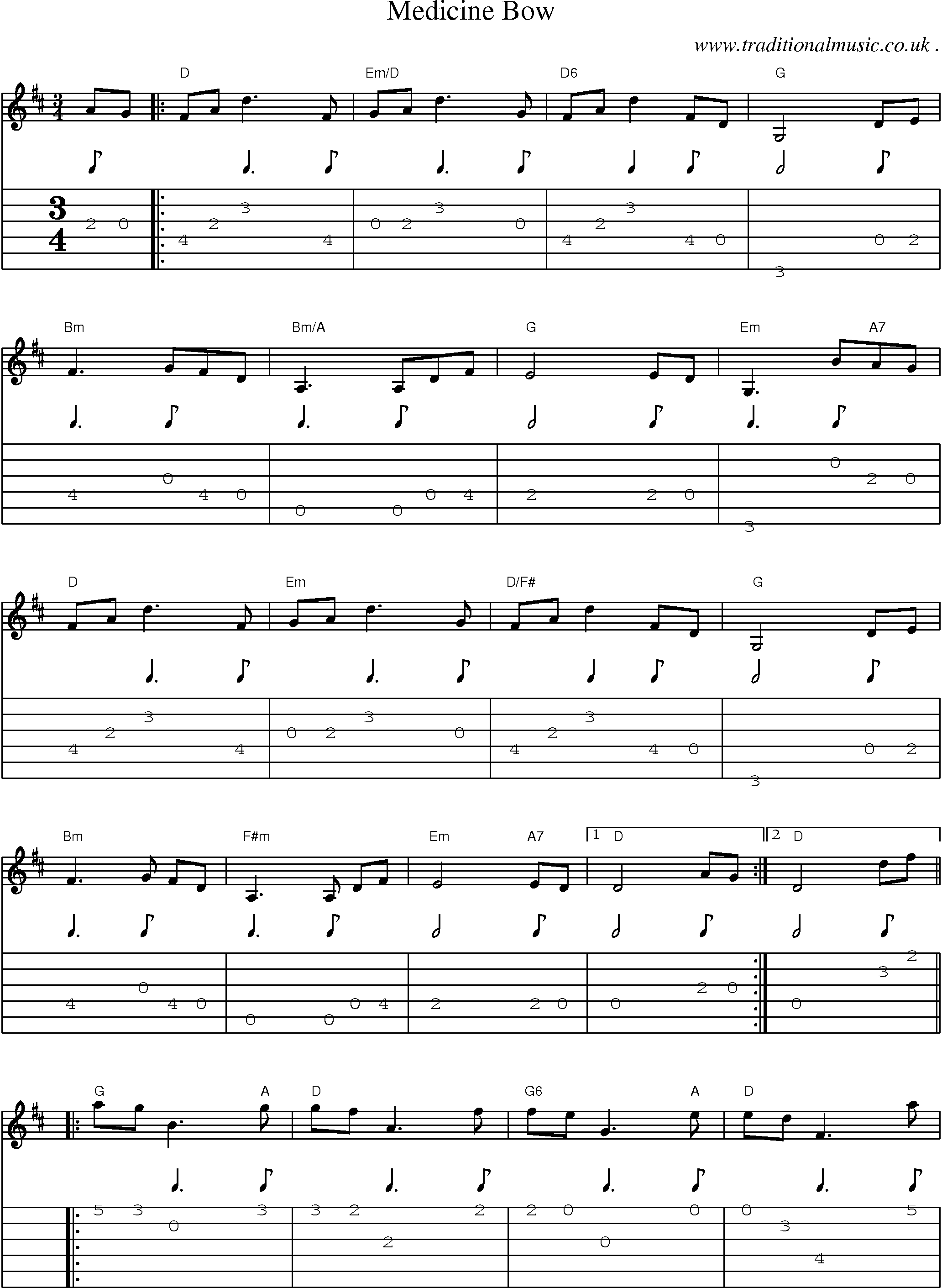 Music Score and Guitar Tabs for Medicine Bow