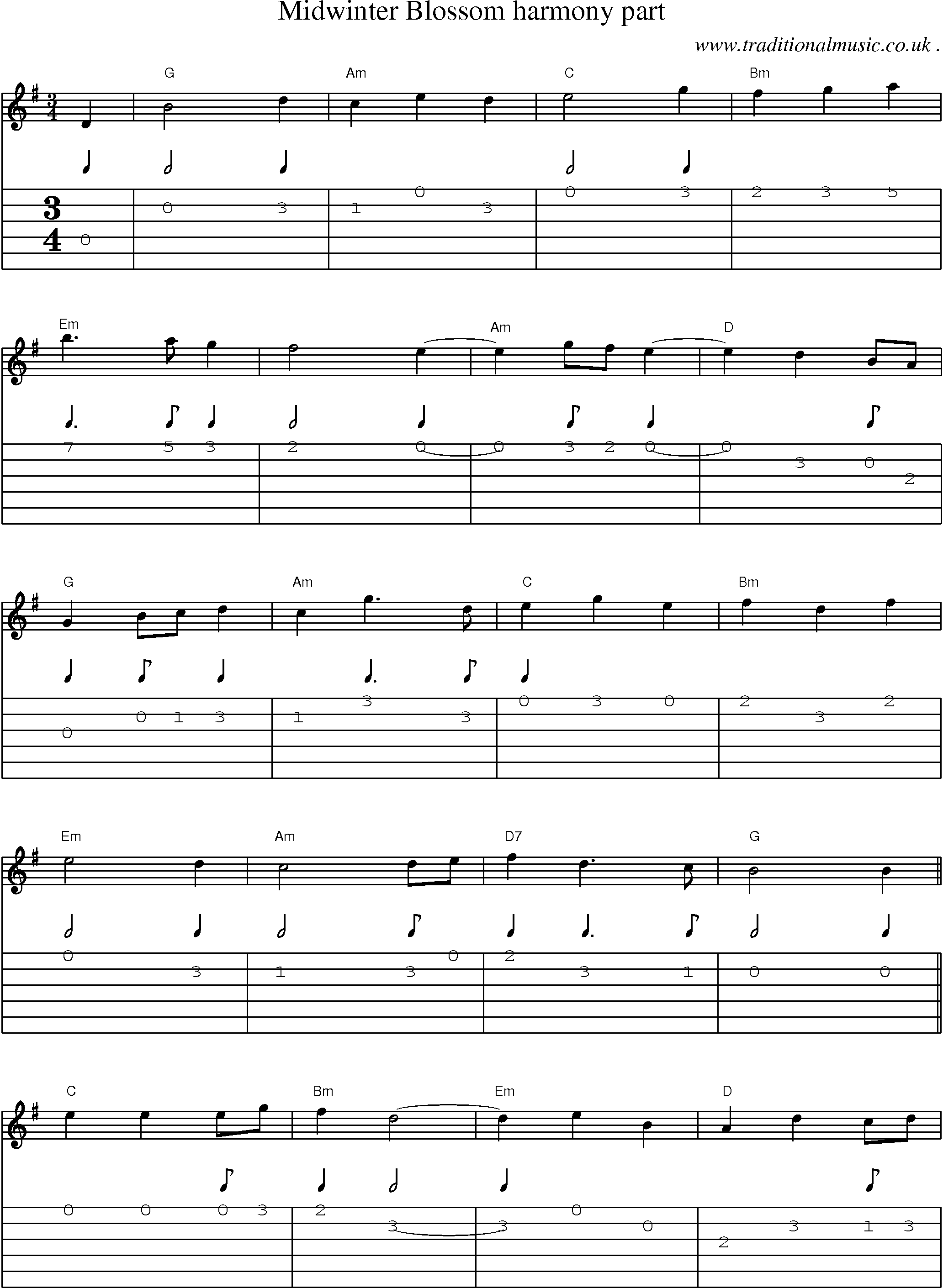 Music Score and Guitar Tabs for Midwinter Blossom Harmony Part
