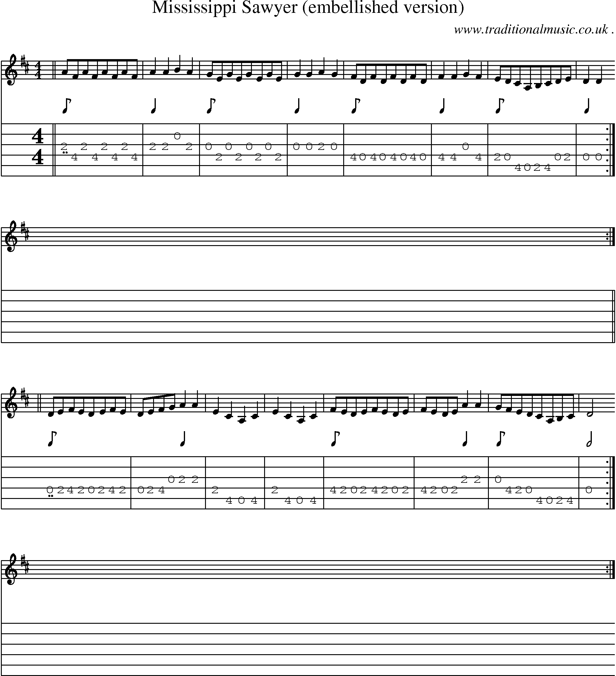 Music Score and Guitar Tabs for Mississippi Sawyer (embellished Version)