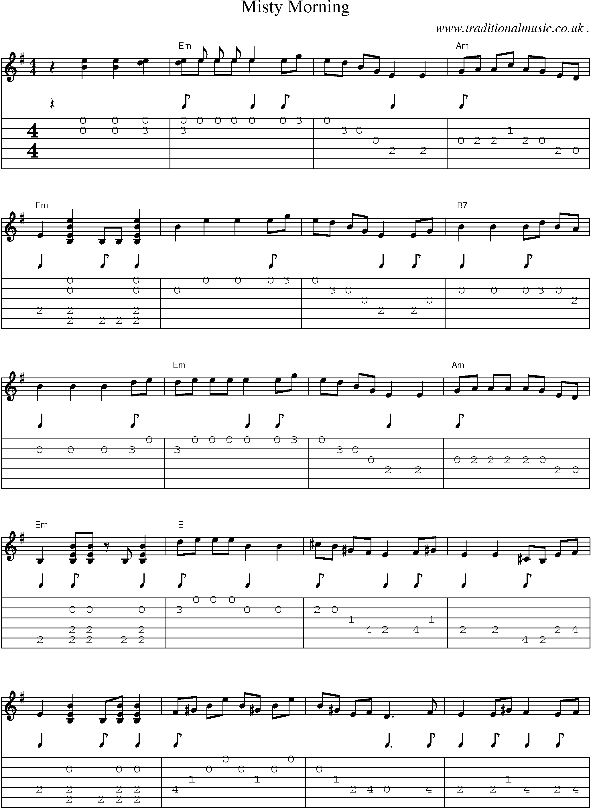 Music Score and Guitar Tabs for Misty Morning