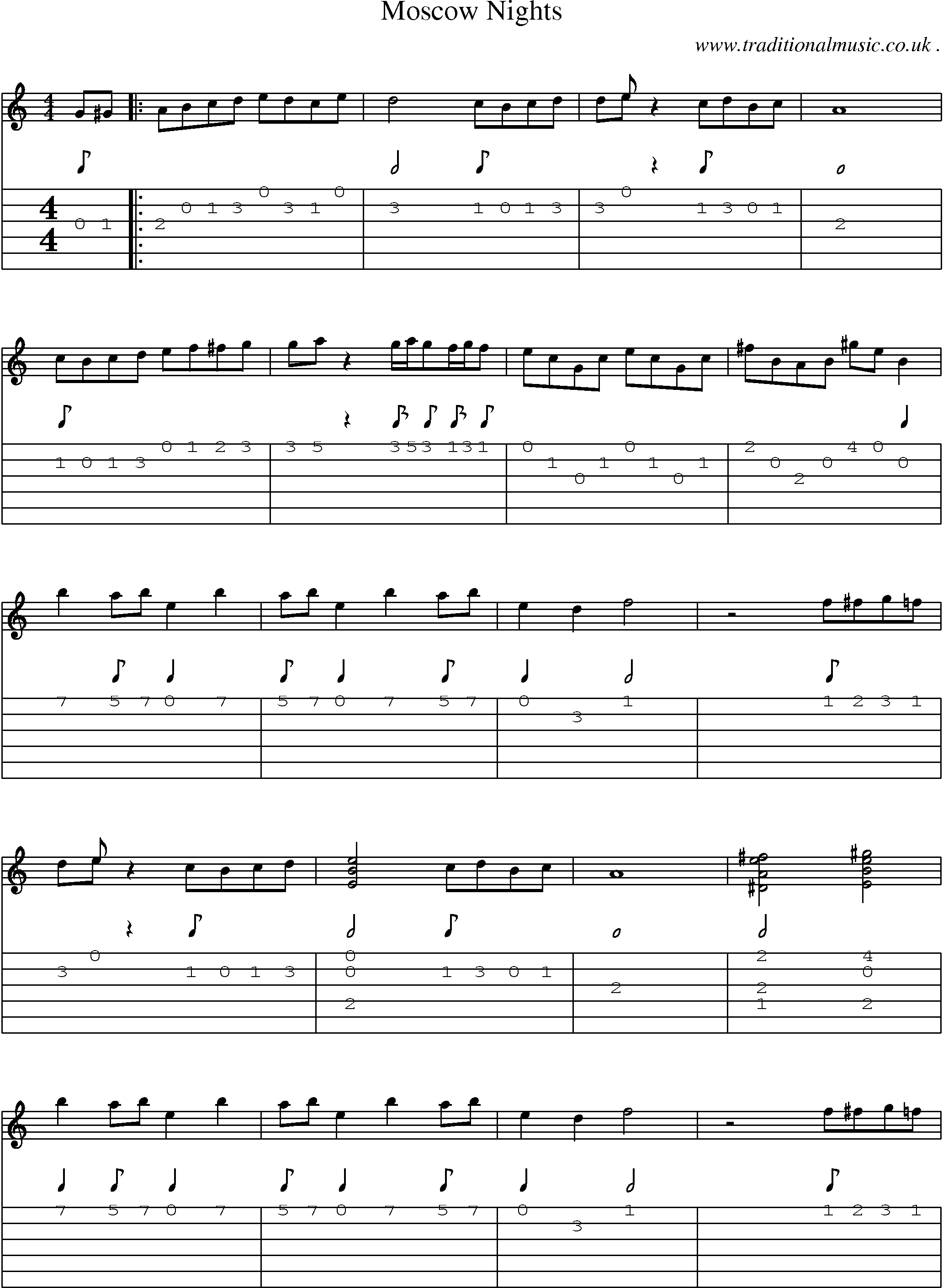 Music Score and Guitar Tabs for Moscow Nights