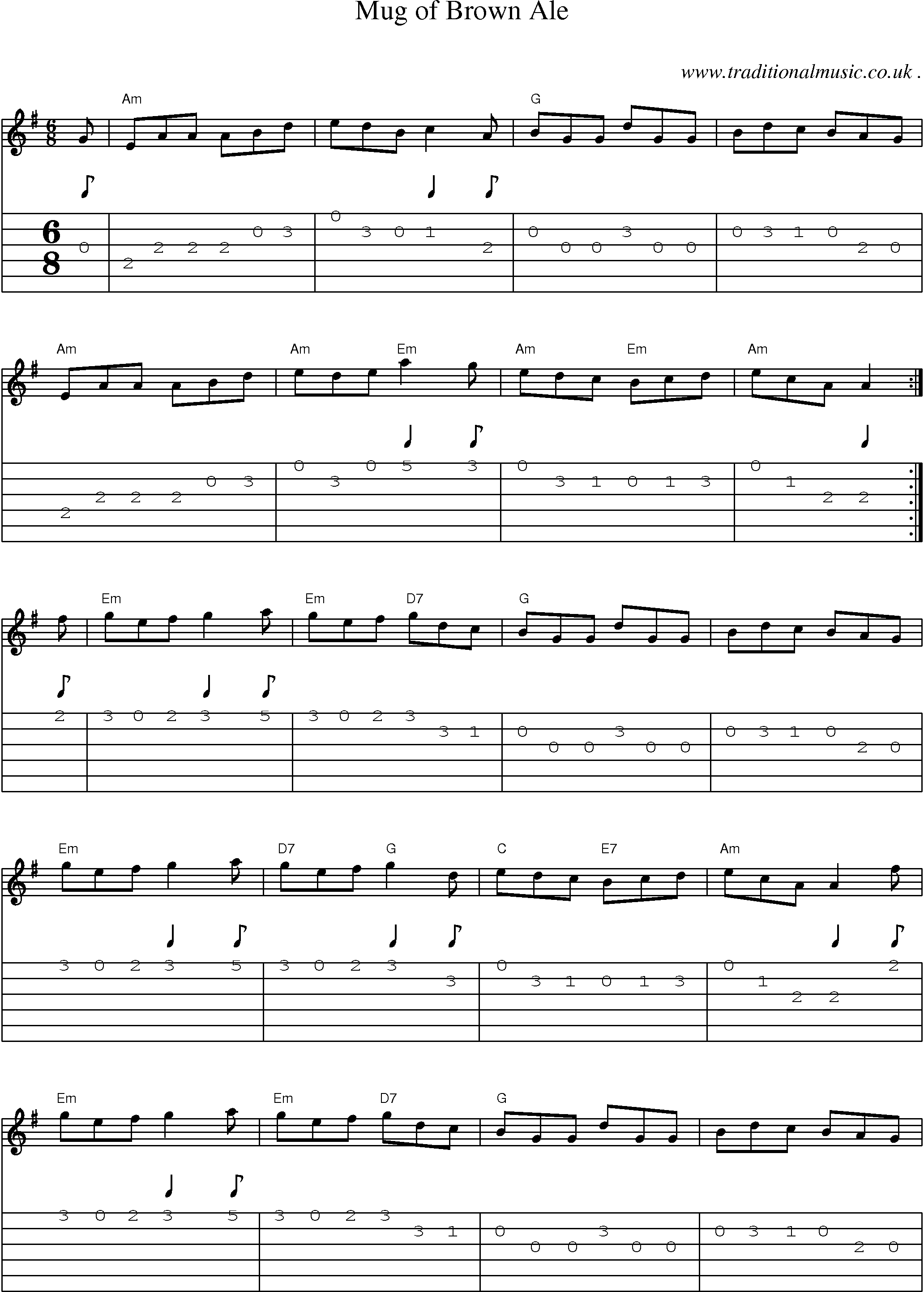 Music Score and Guitar Tabs for Mug Of Brown Ale