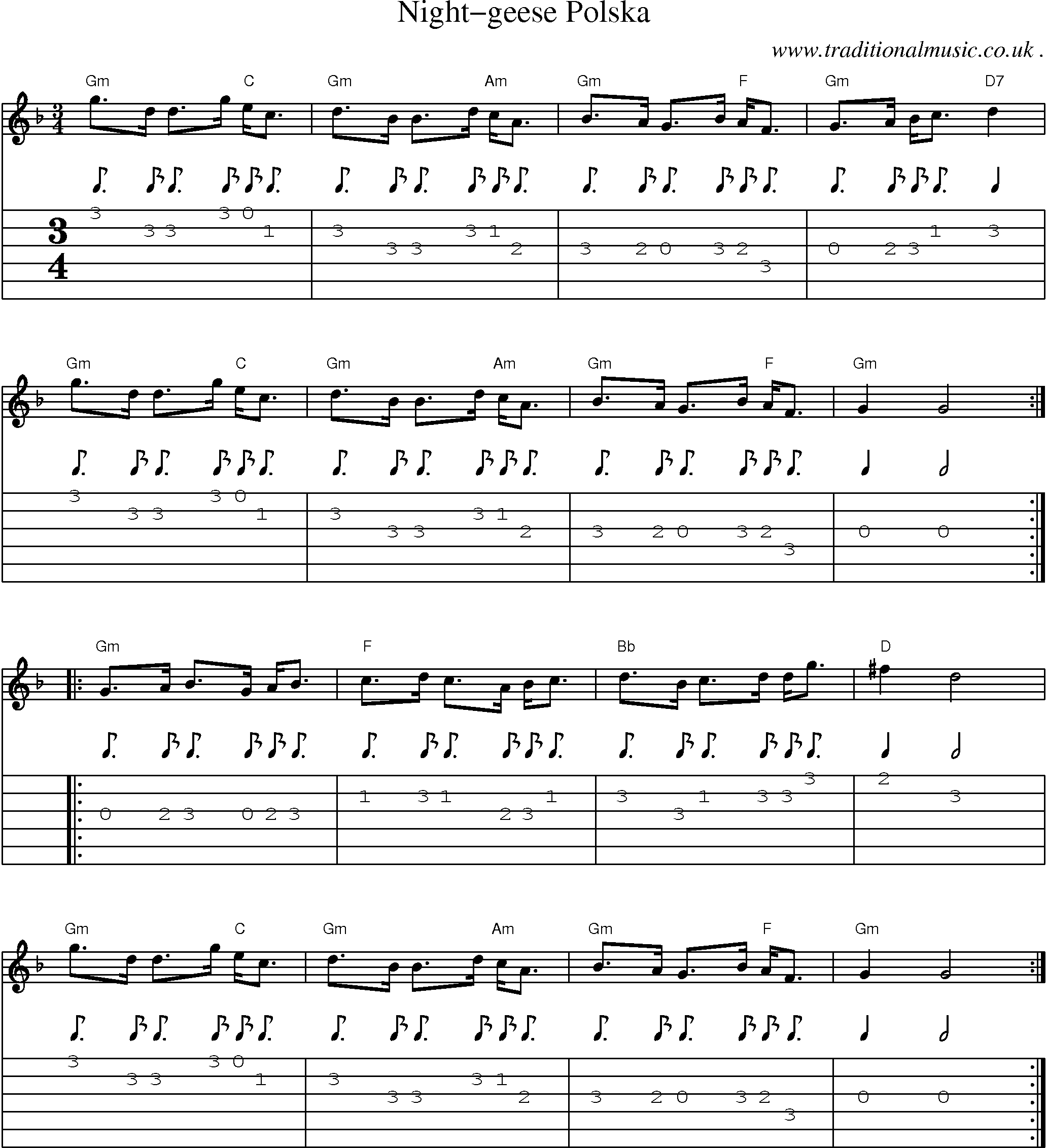 Music Score and Guitar Tabs for Night-geese Polska