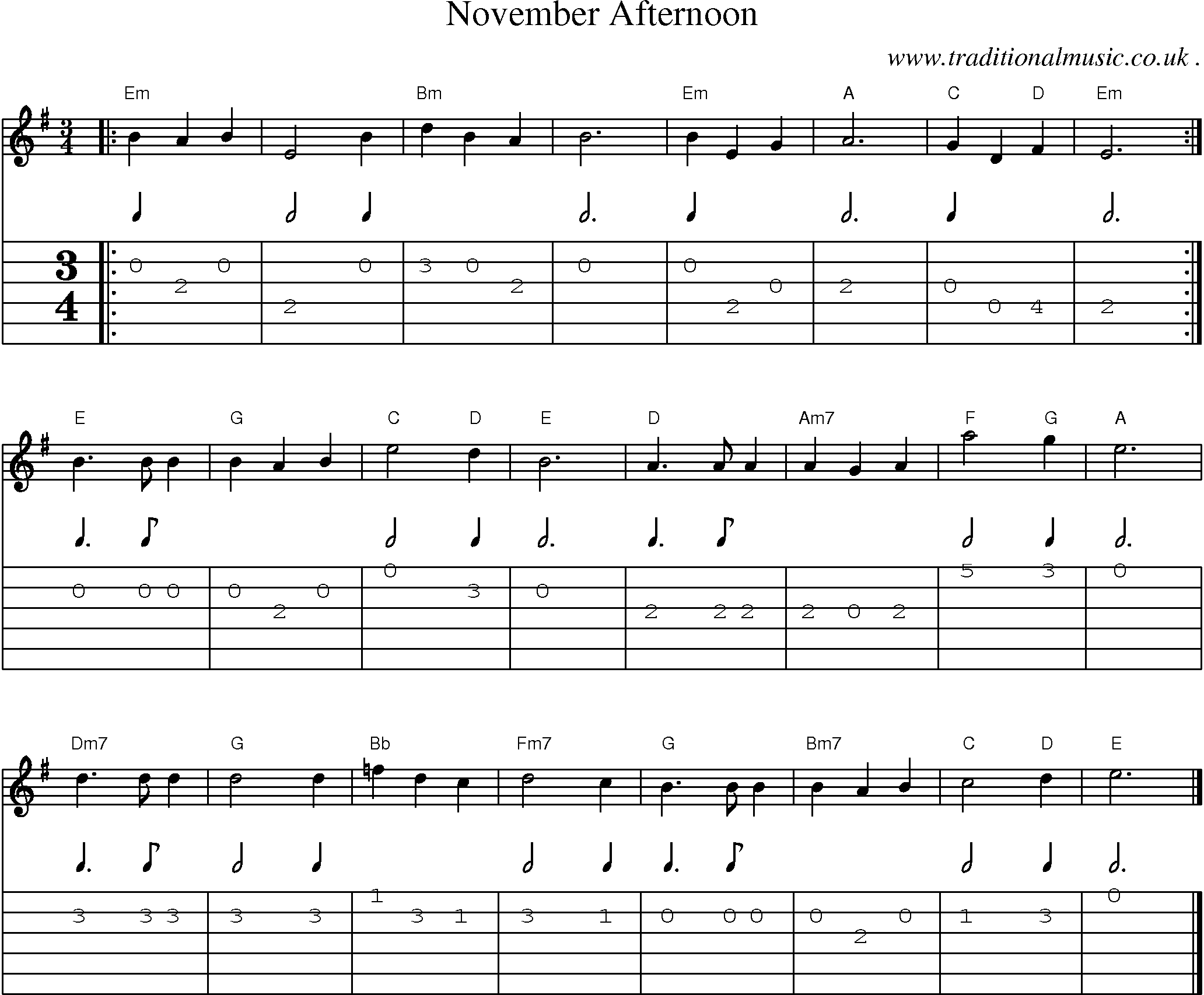 Music Score and Guitar Tabs for November Afternoon