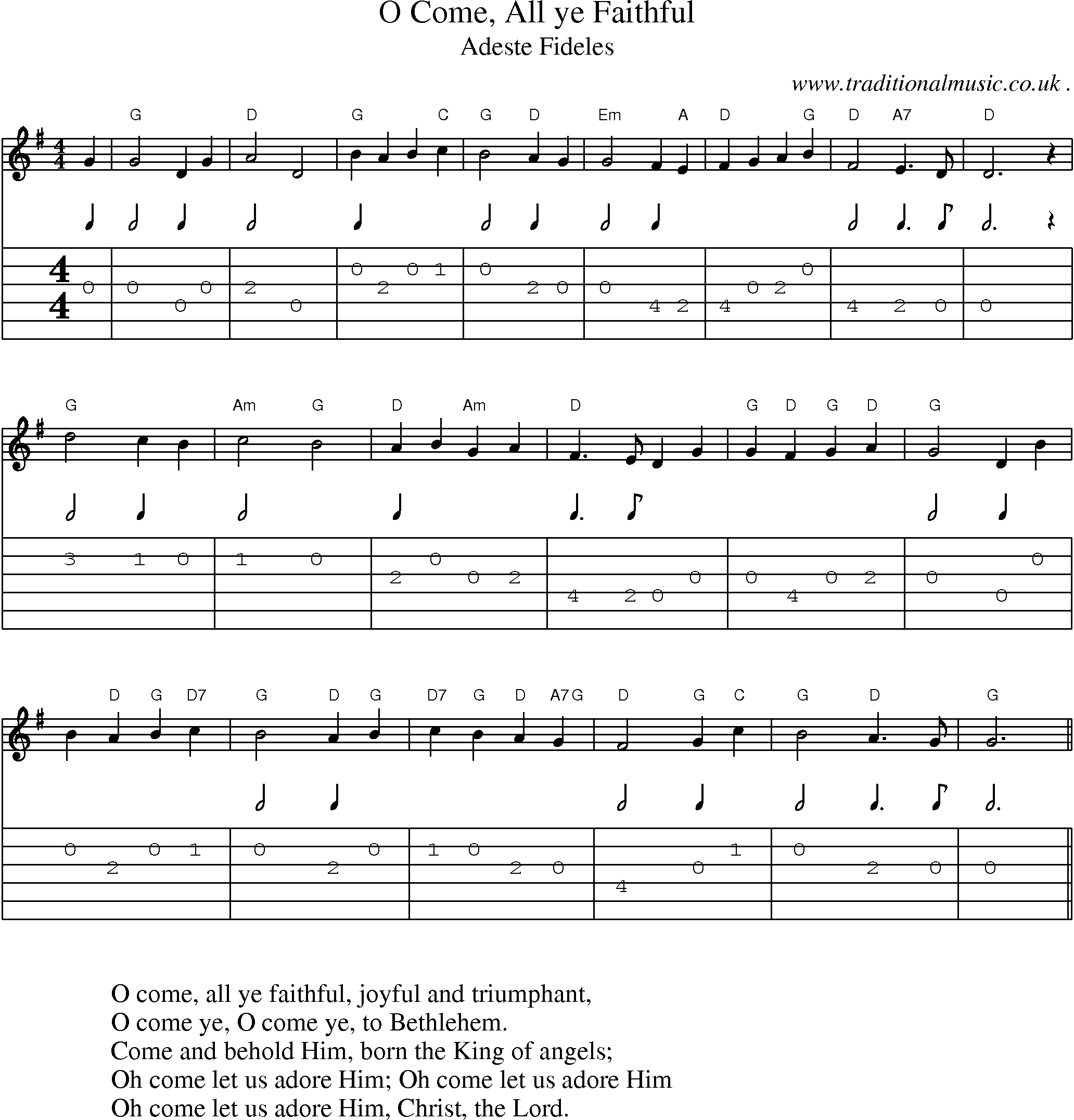 Music Score and Guitar Tabs for O Come All ye Faithful