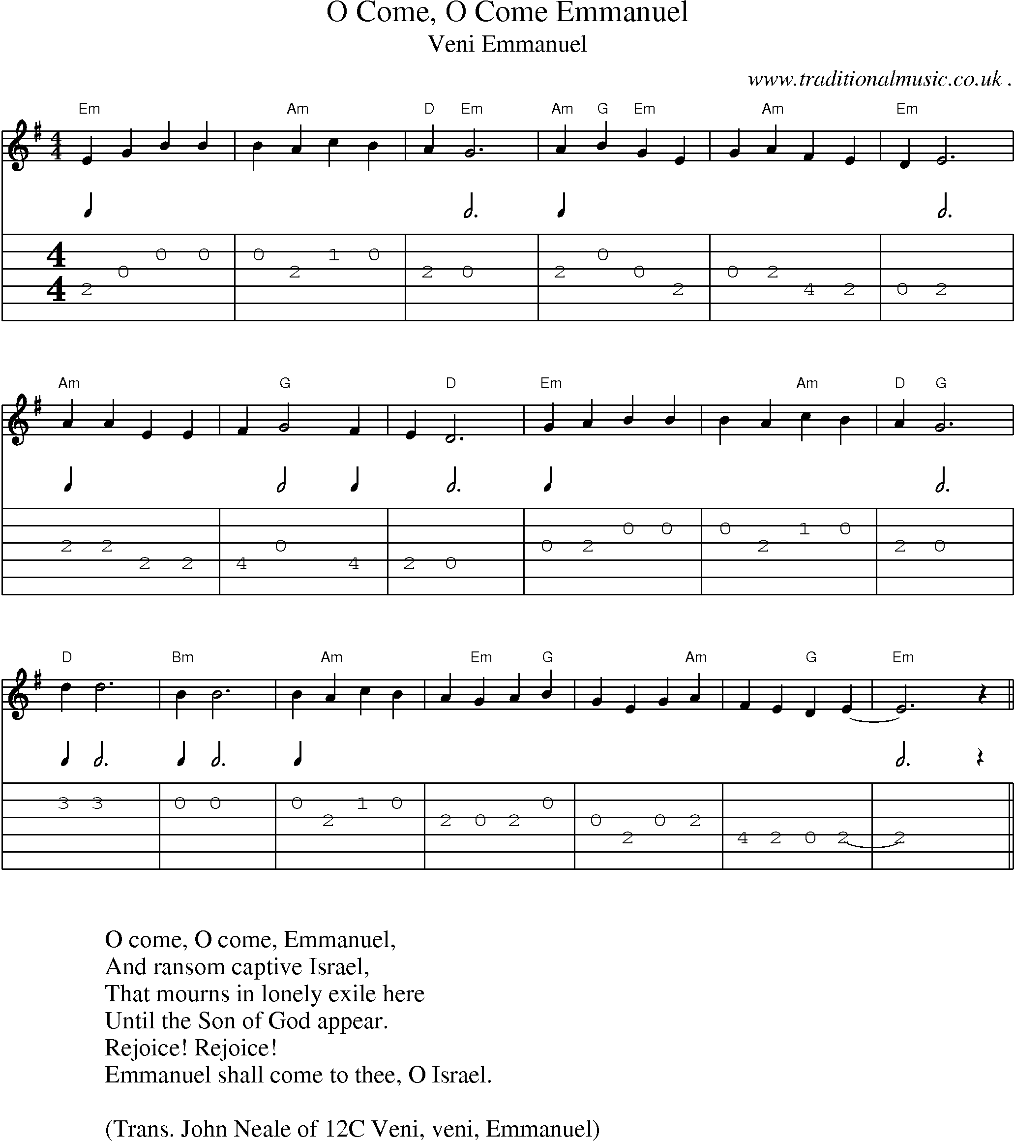 Music Score and Guitar Tabs for O Come O Come Emmanuel