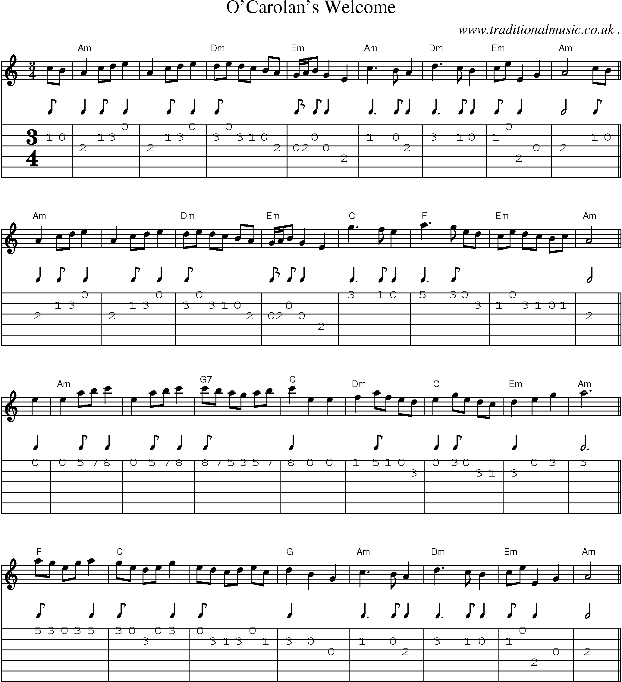 Music Score and Guitar Tabs for OCarolans Welcome
