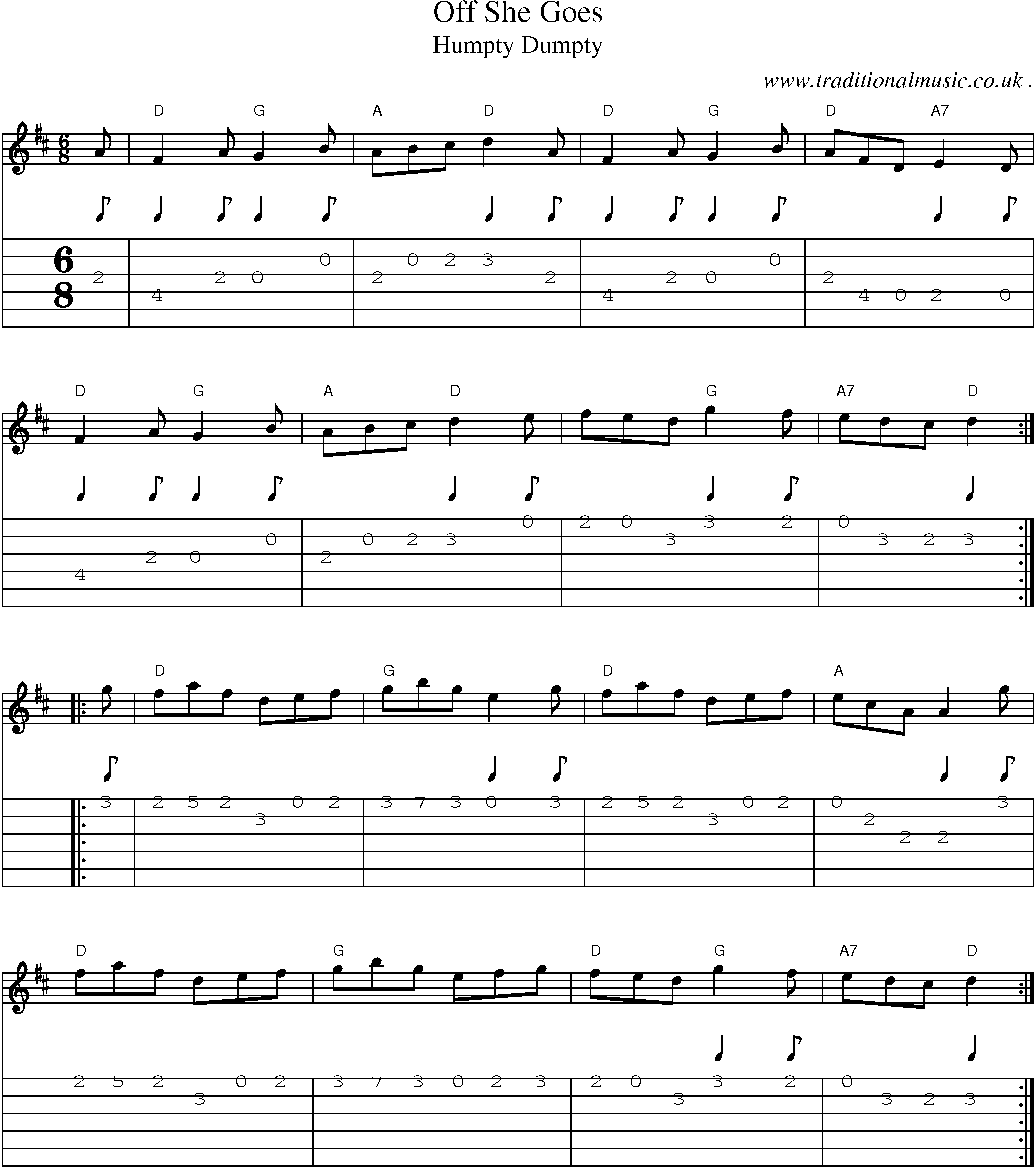 Music Score and Guitar Tabs for Off She Goes