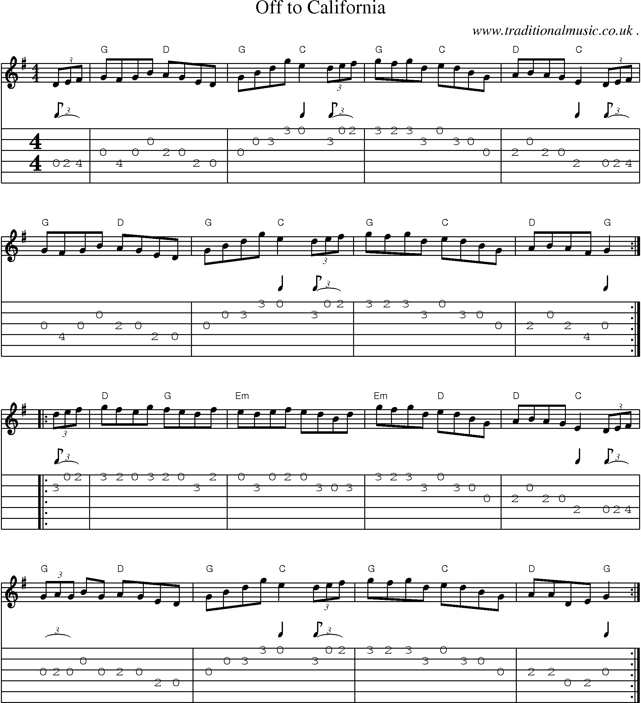 Music Score and Guitar Tabs for Off To California