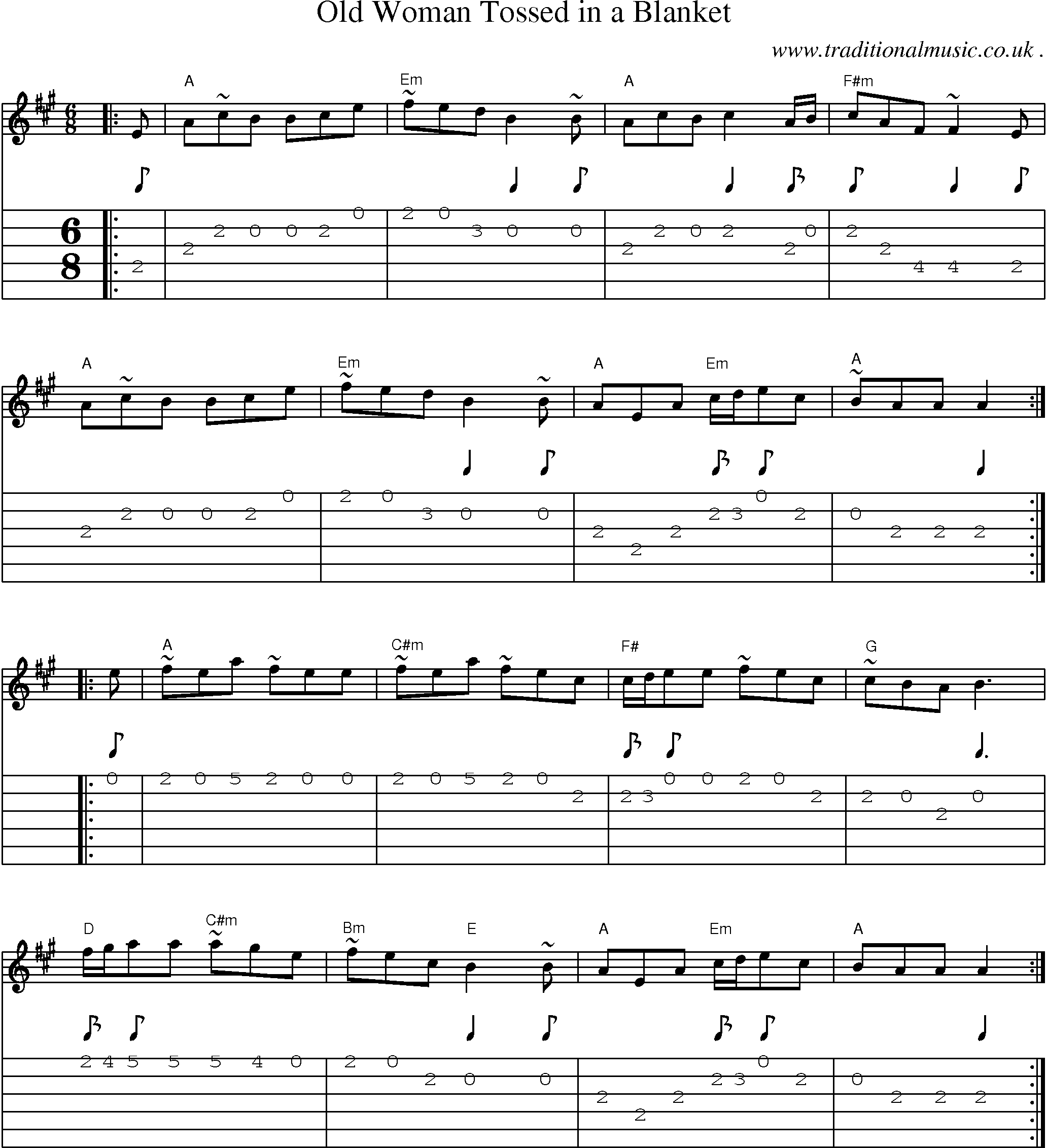 Music Score and Guitar Tabs for Old Woman Tossed In A Blanket