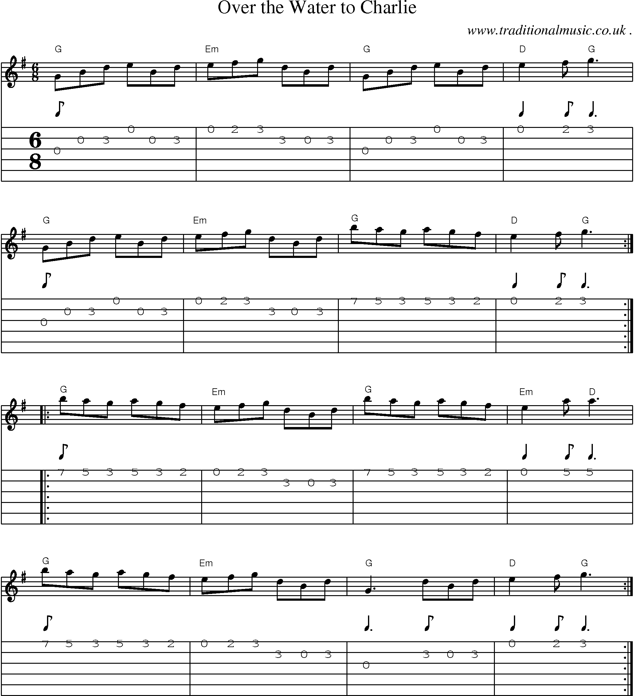 Music Score and Guitar Tabs for Over the Water to Charlie