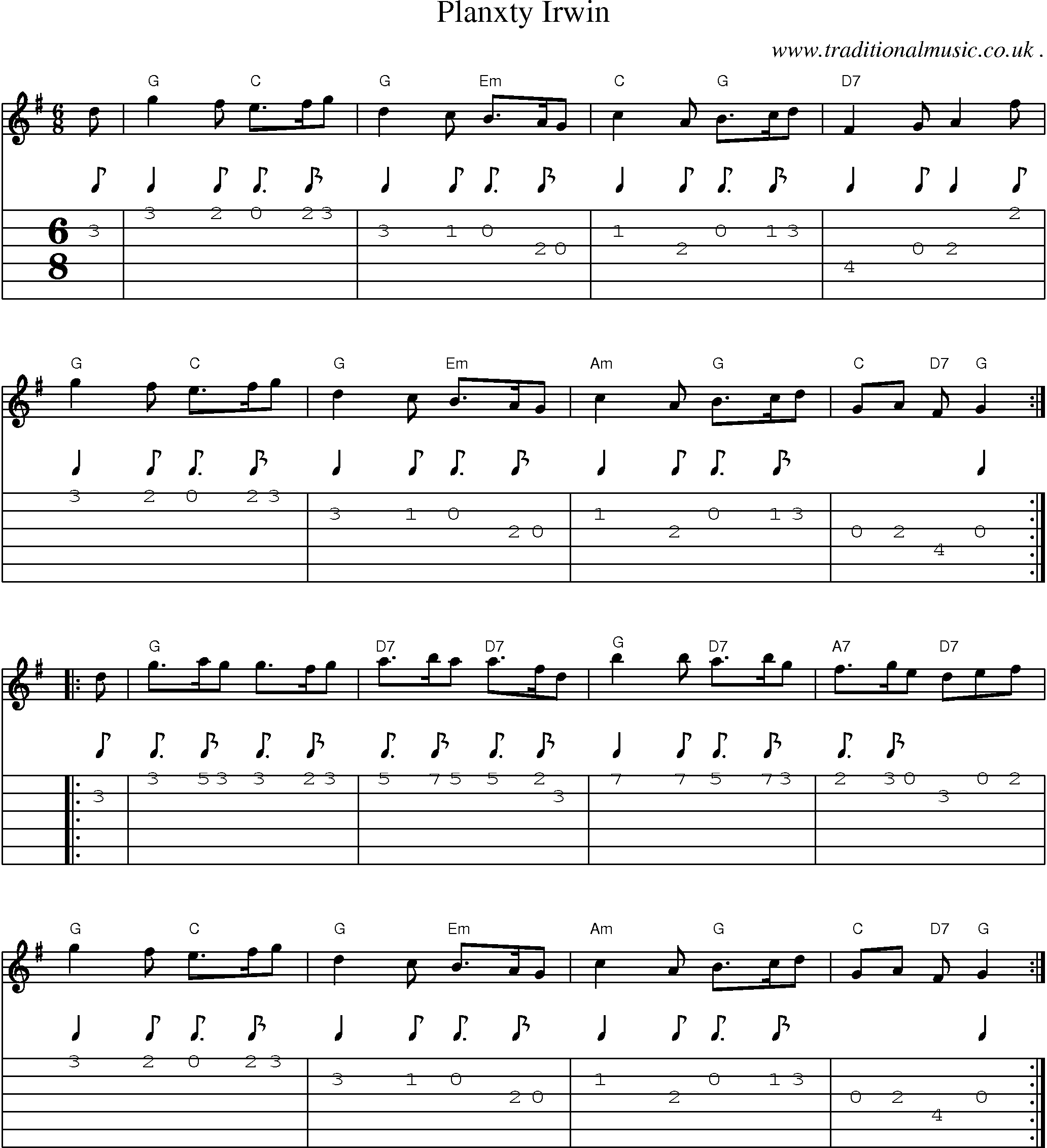 Music Score and Guitar Tabs for Planxty Irwin
