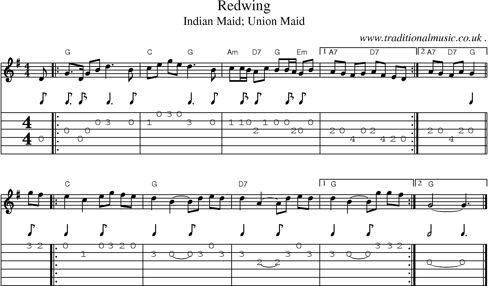 Music Score and Guitar Tabs for Redwing