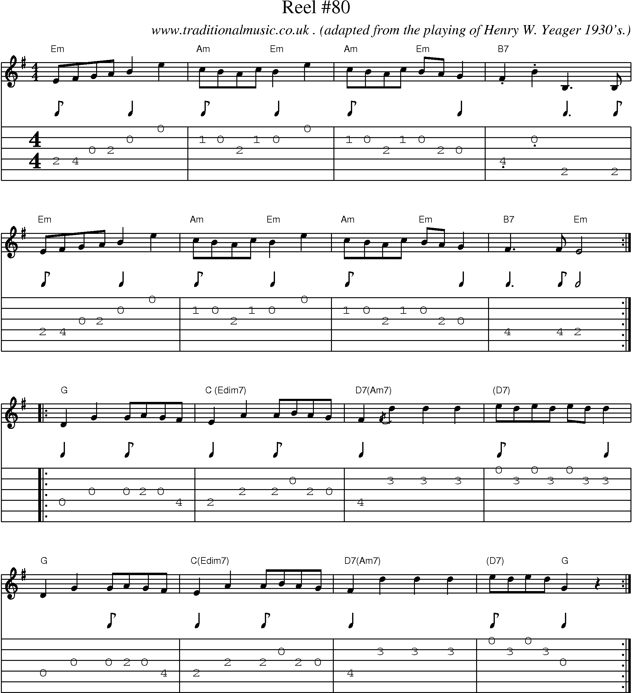 Music Score and Guitar Tabs for Reel 80