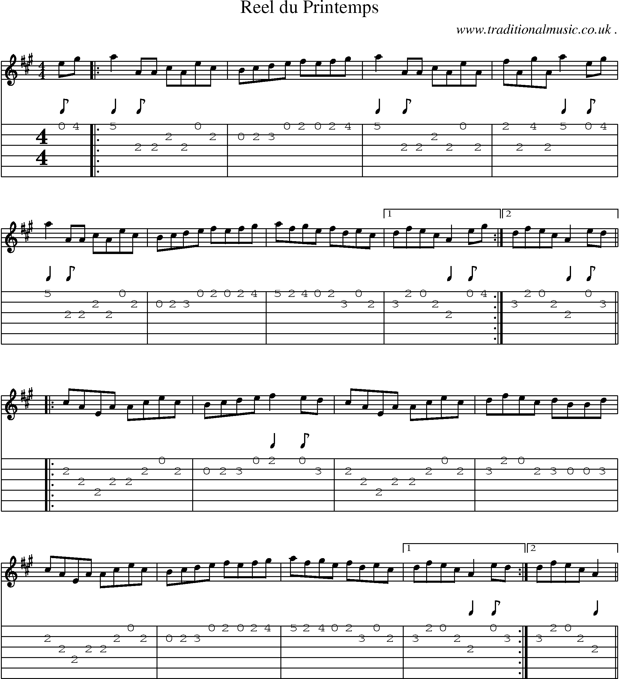 Music Score and Guitar Tabs for Reel Du Printemps