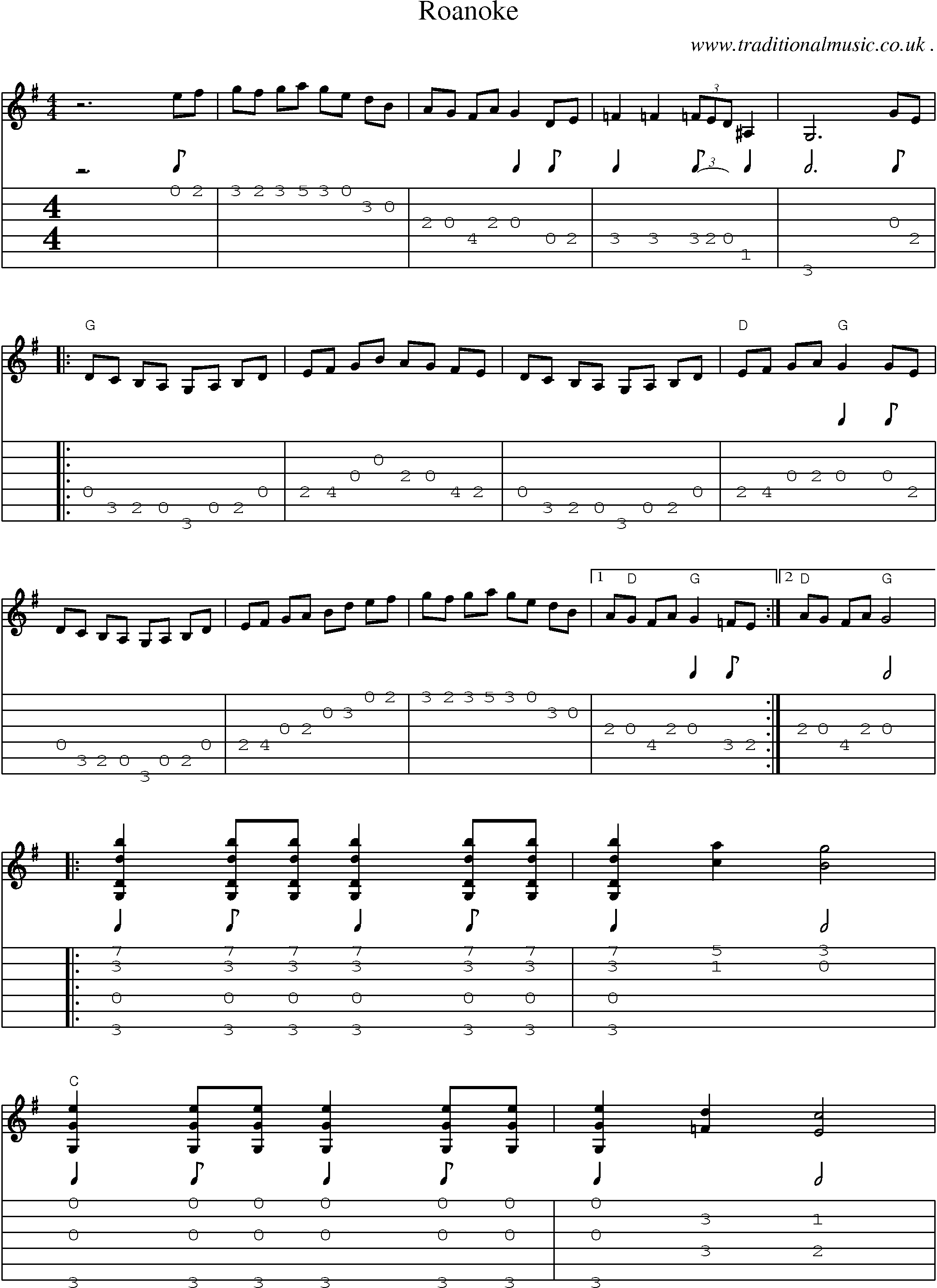 Music Score and Guitar Tabs for Roanoke