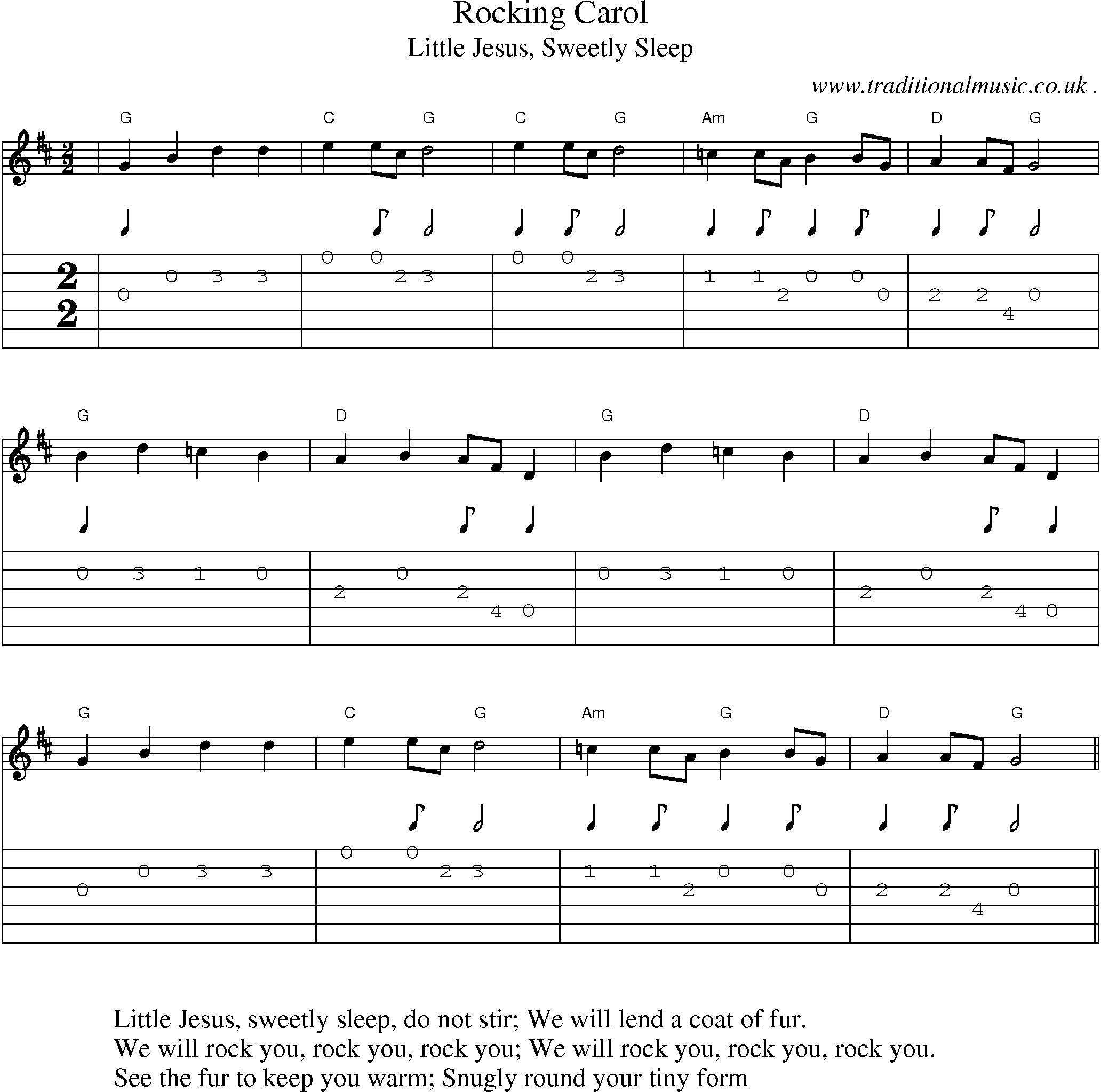 Music Score and Guitar Tabs for Rocking Carol