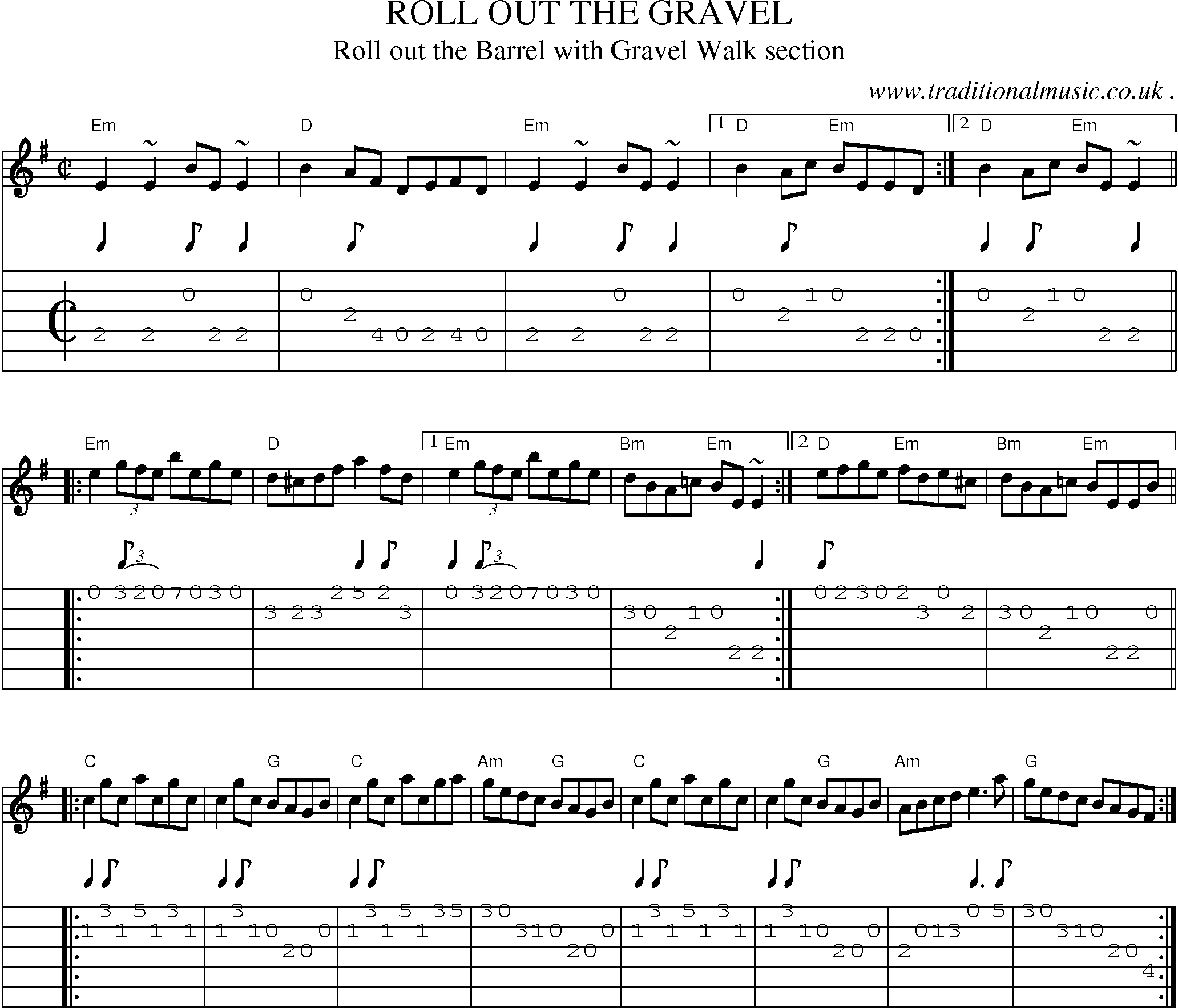 Music Score and Guitar Tabs for Roll Out The Gravel