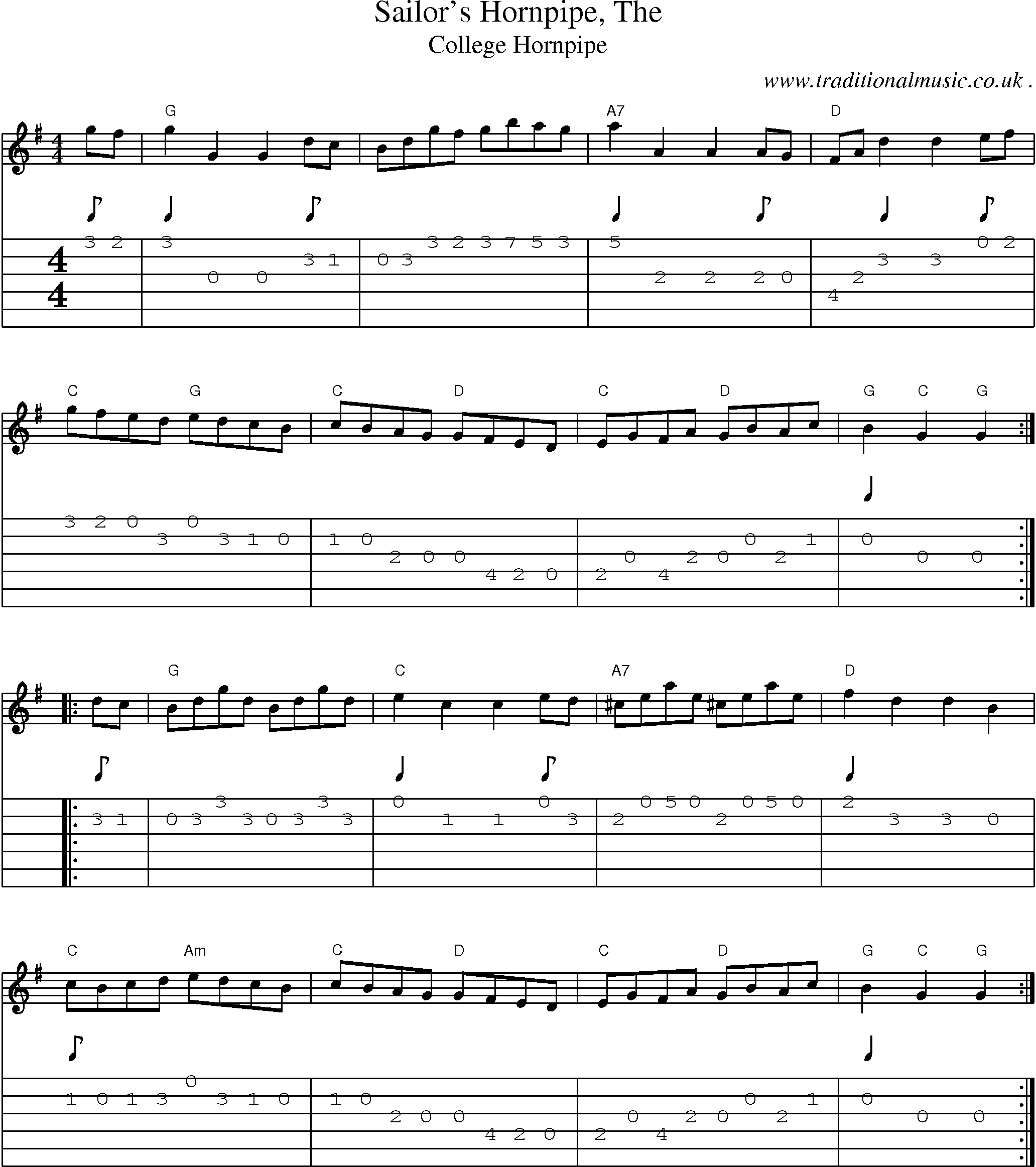 Music Score and Guitar Tabs for Sailors Hornpipe The1