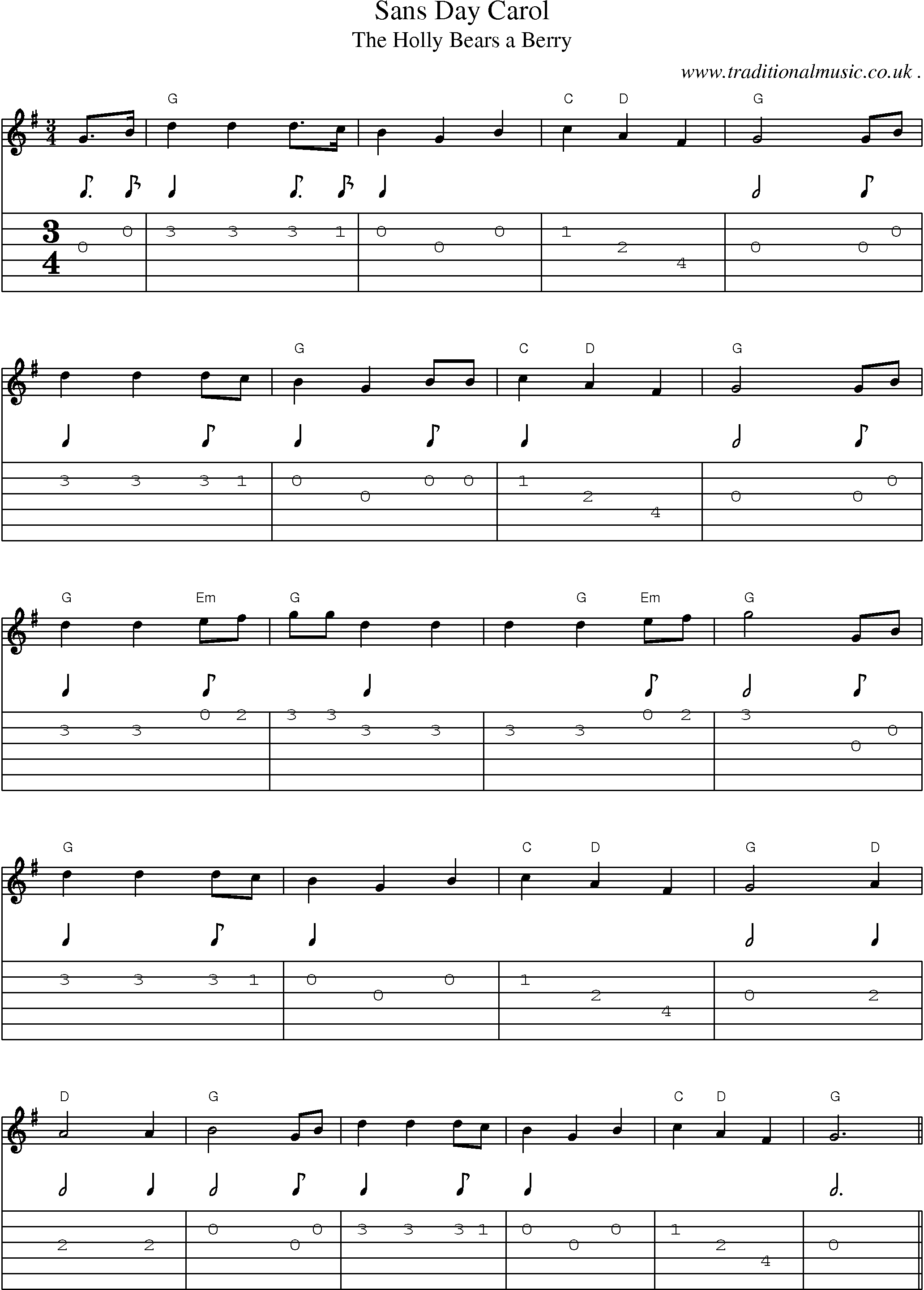 Music Score and Guitar Tabs for Sans Day Carol