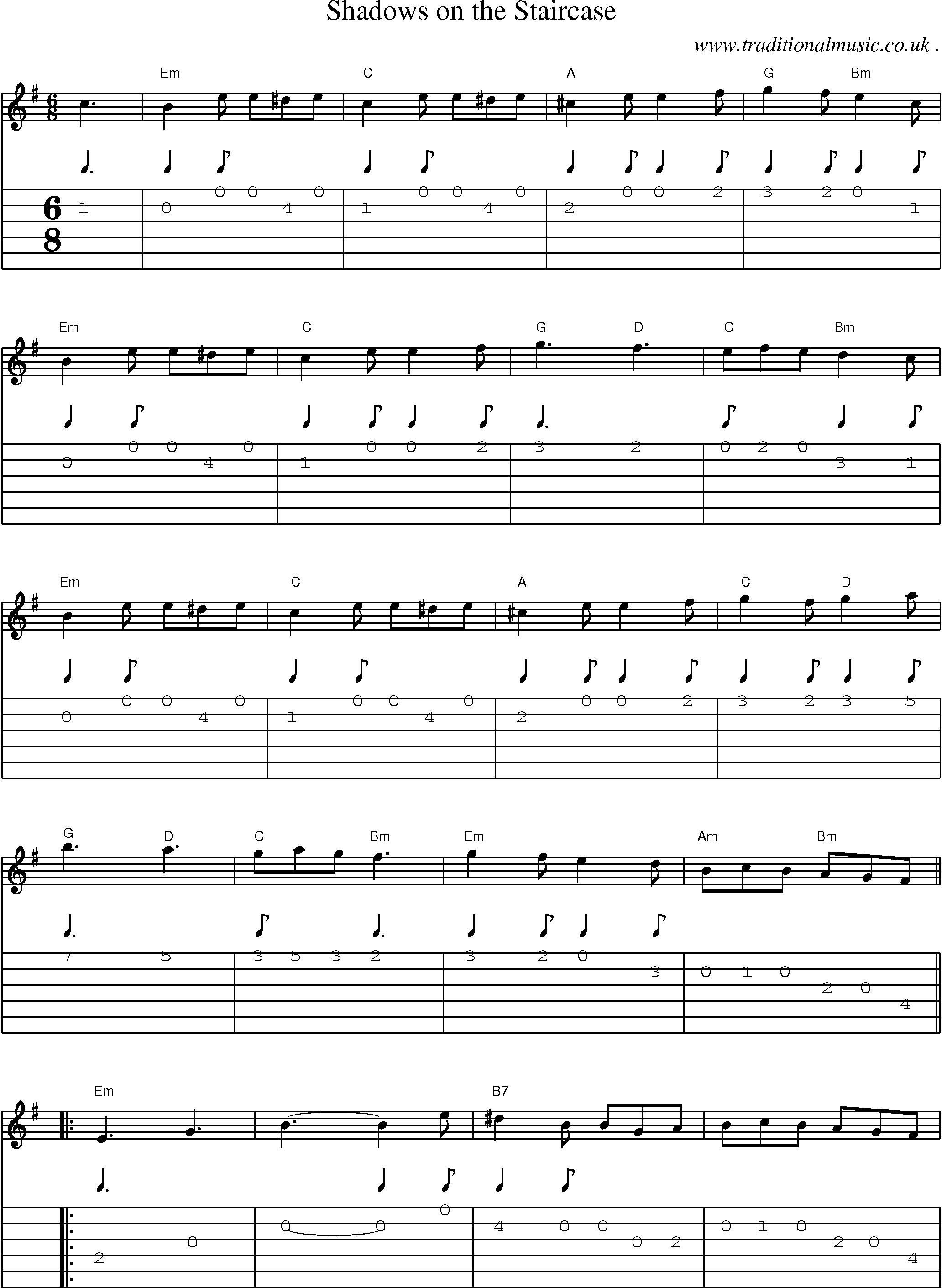 Music Score and Guitar Tabs for Shadows On The Staircase