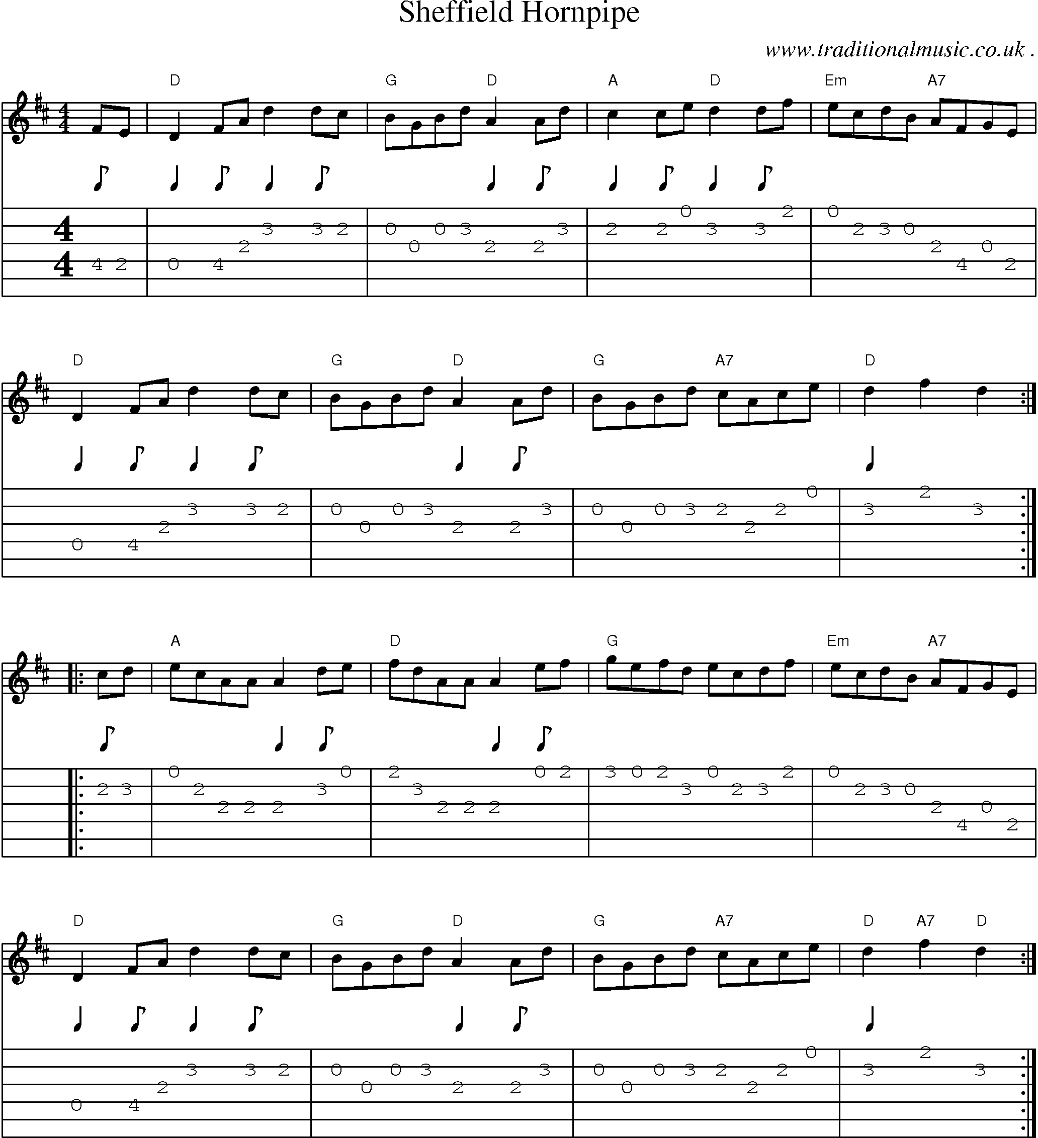 Music Score and Guitar Tabs for Sheffield Hornpipe