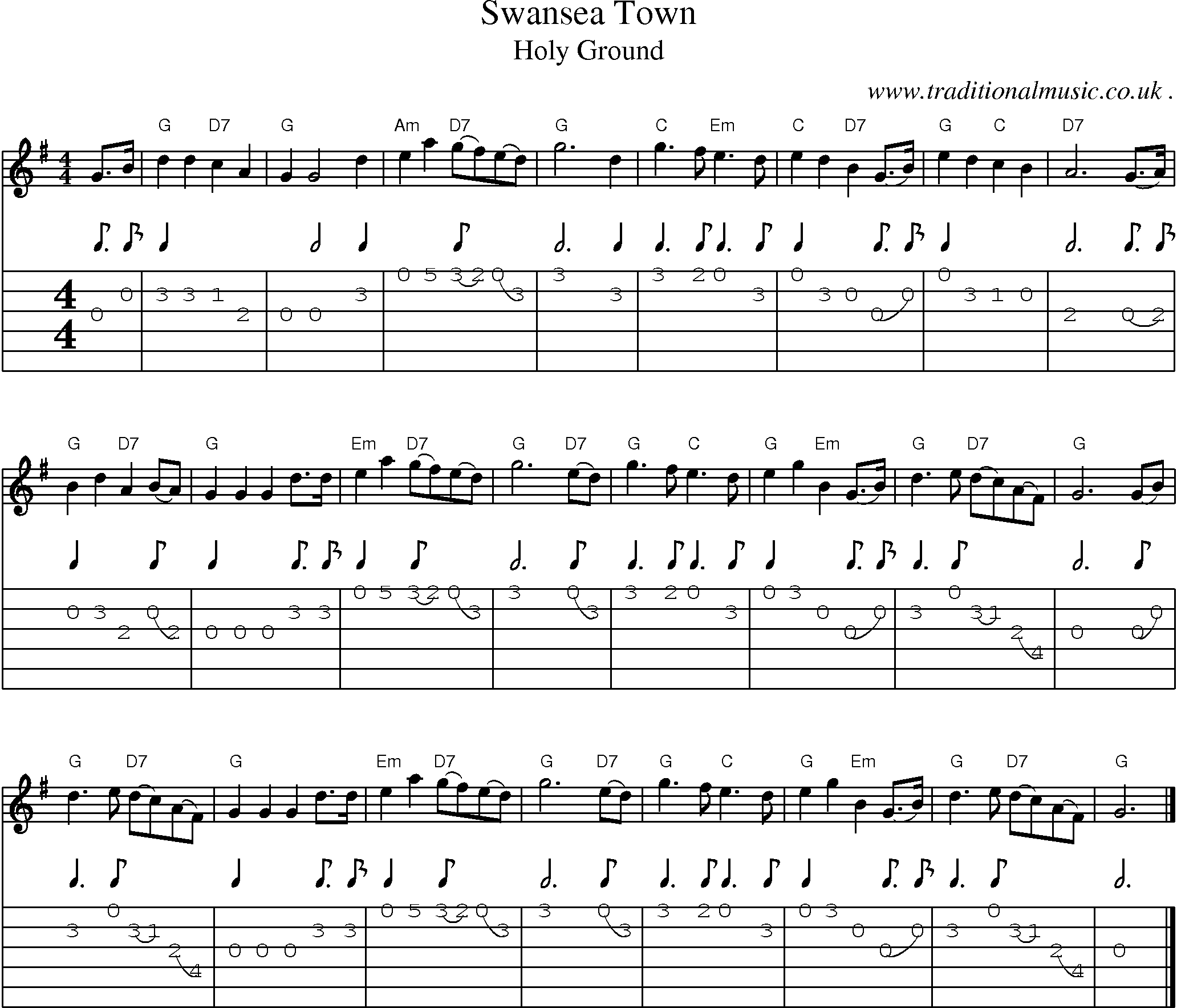 Music Score and Guitar Tabs for Swansea Town