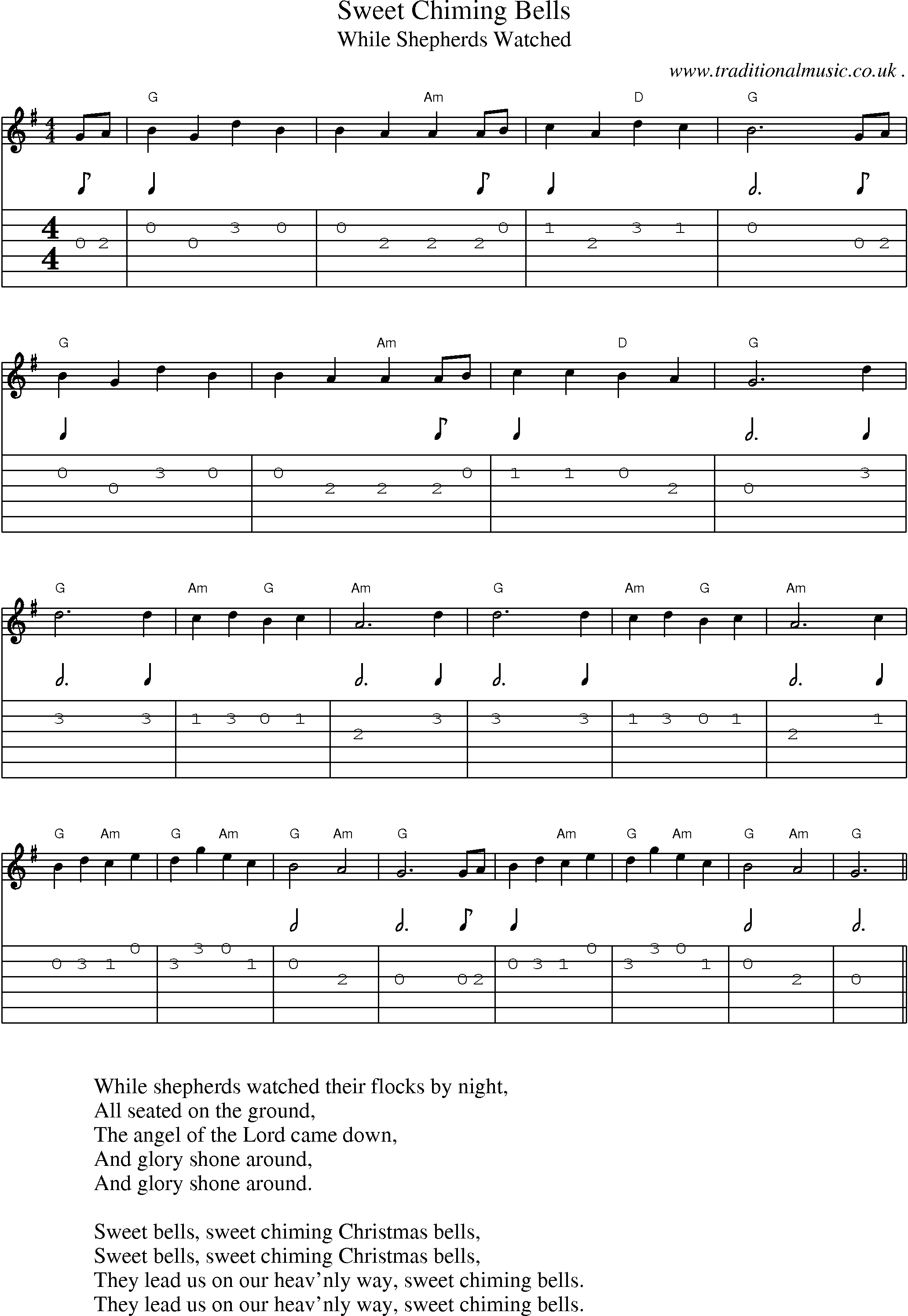 Music Score and Guitar Tabs for Sweet Chiming Bells