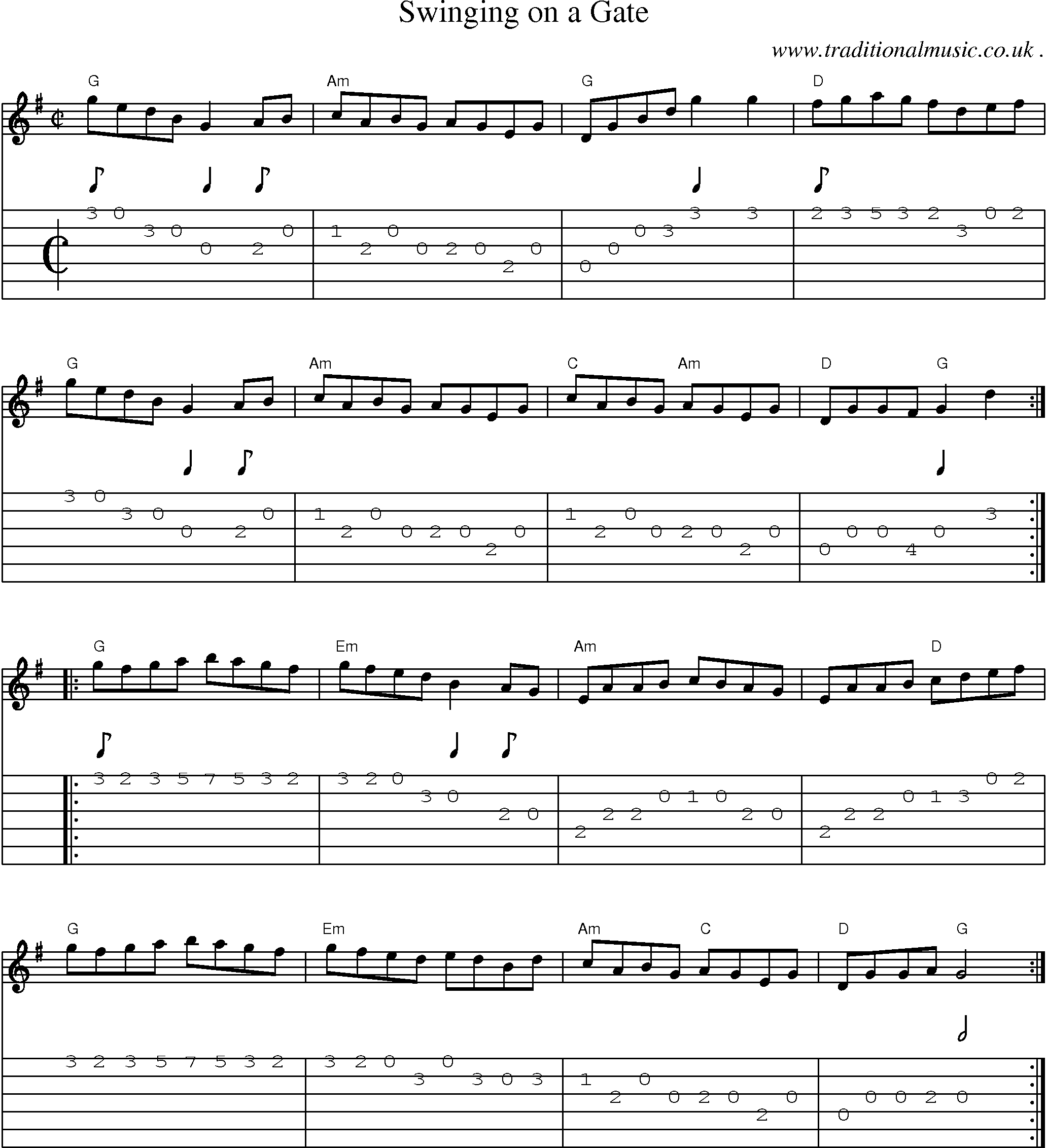 Music Score and Guitar Tabs for Swinging On A Gate