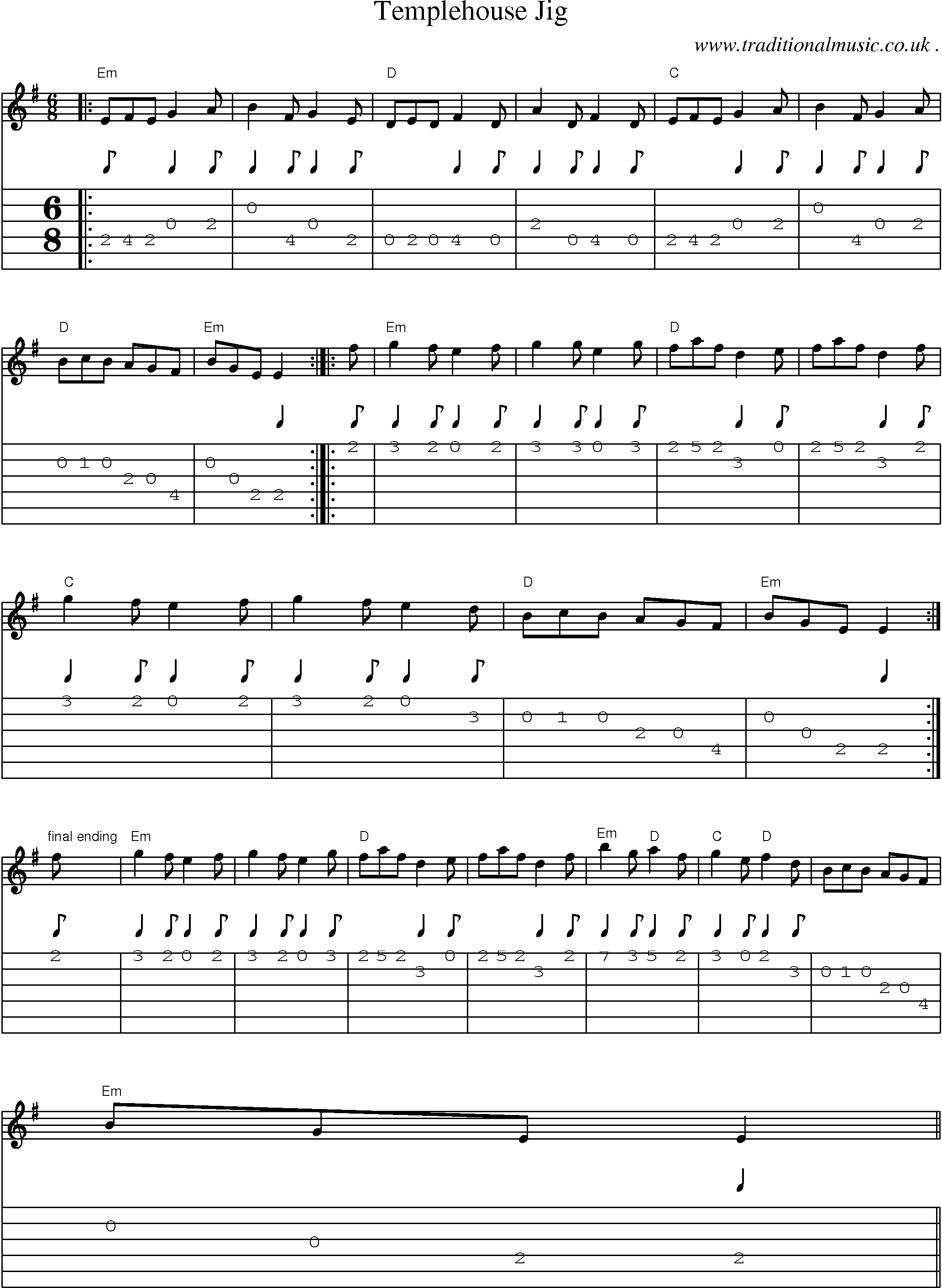Music Score and Guitar Tabs for Templehouse Jig