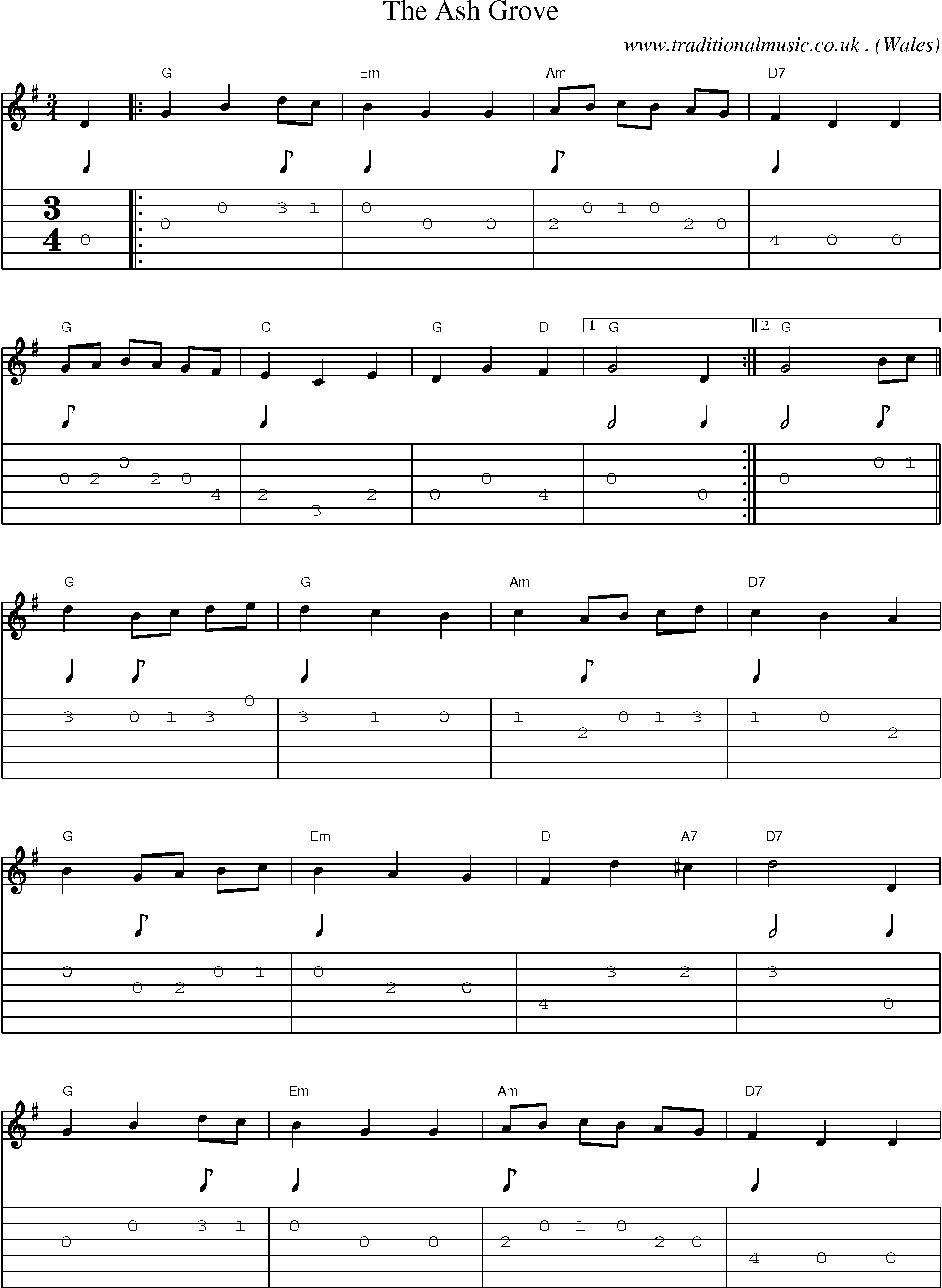 Music Score and Guitar Tabs for The Ash Grove
