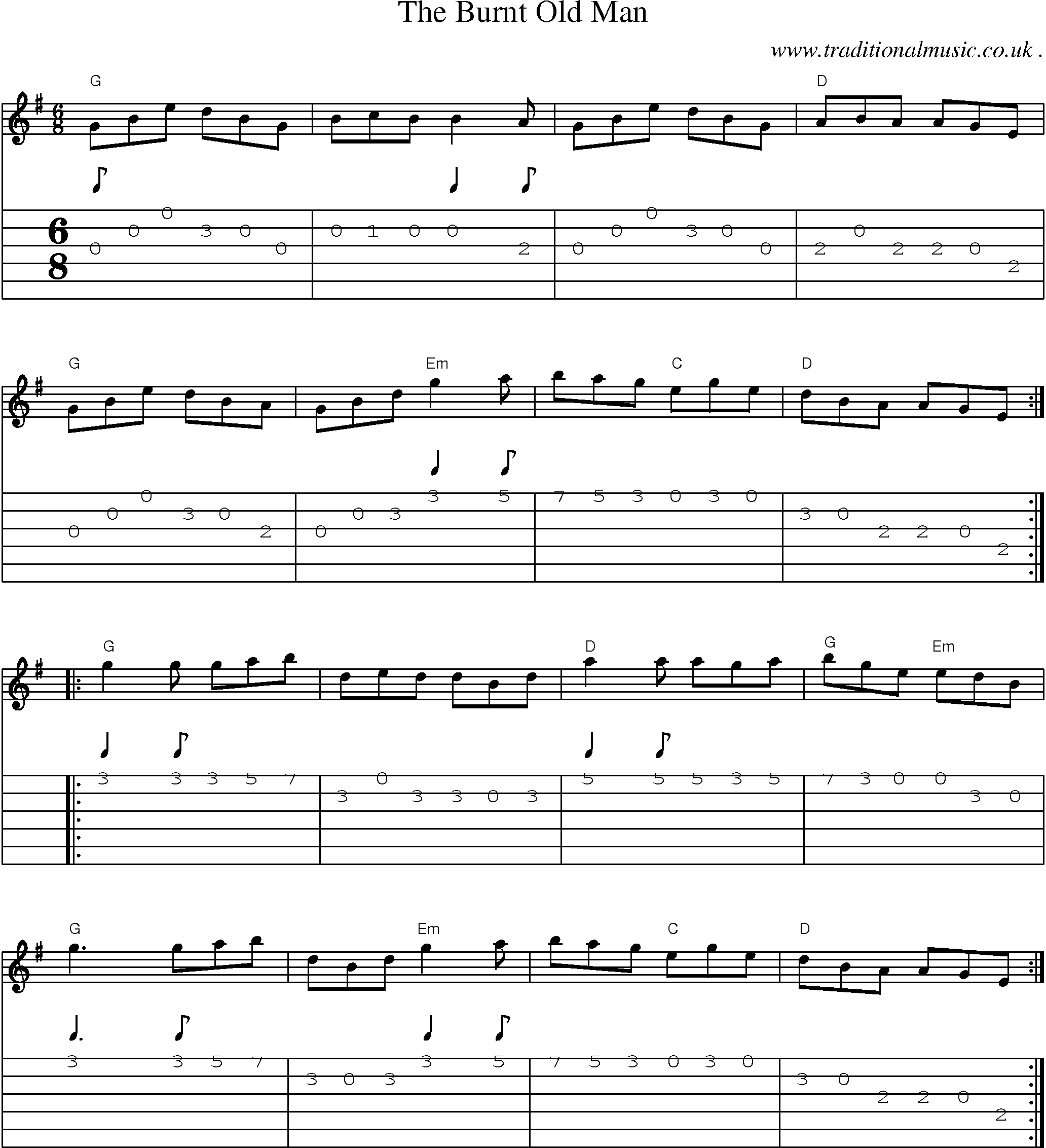 Music Score and Guitar Tabs for The Burnt Old Man