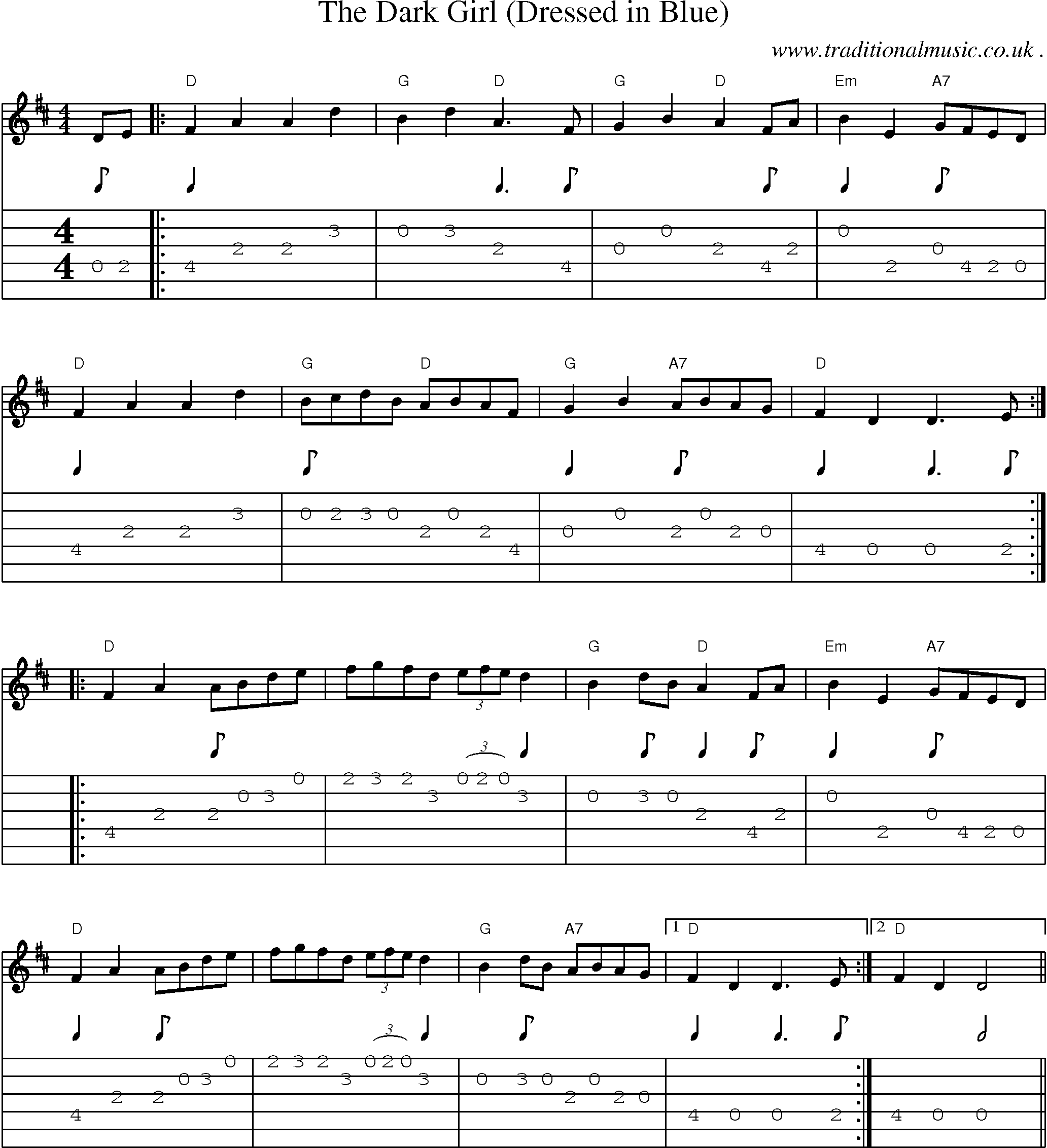 Music Score and Guitar Tabs for The Dark Girl (dressed In Blue)