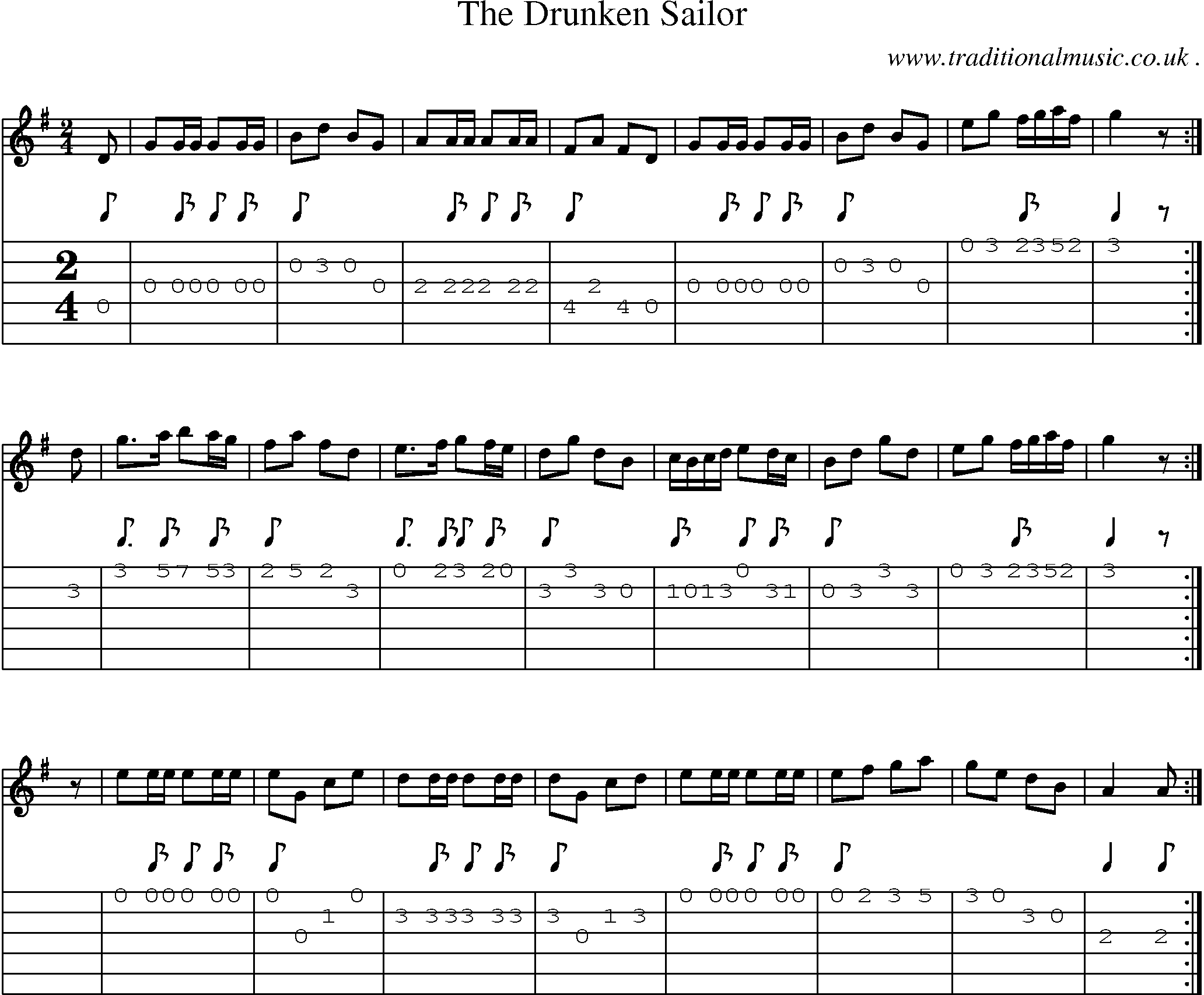 Music Score and Guitar Tabs for The Drunken Sailor