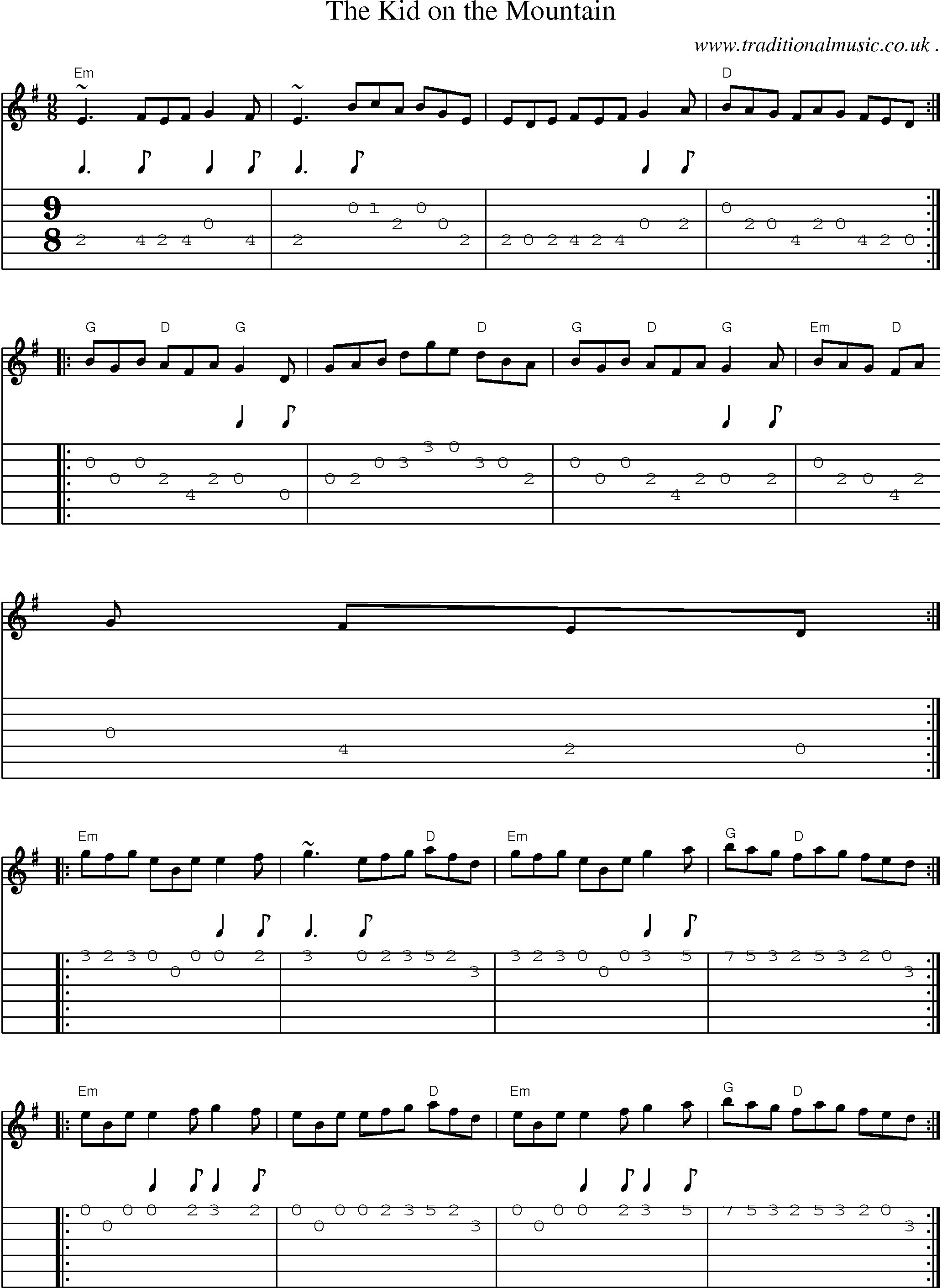 Music Score and Guitar Tabs for The Kid On The Mountain