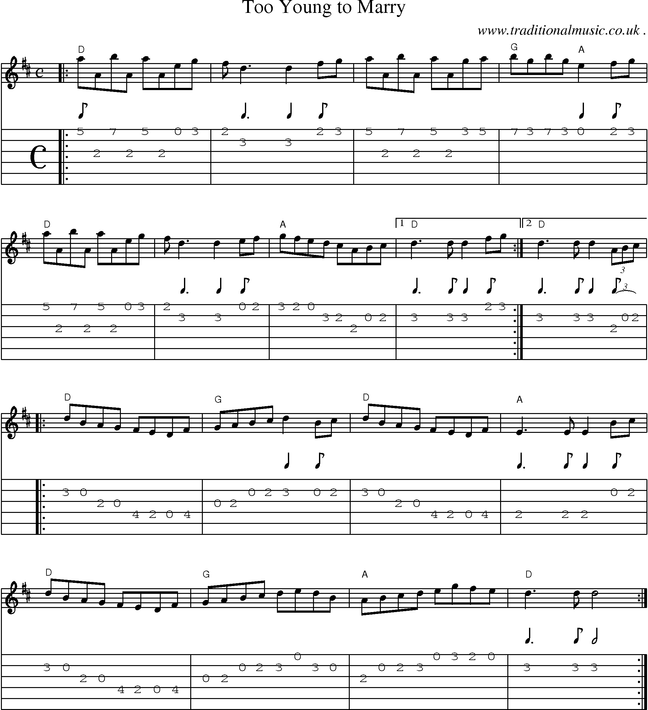 Music Score and Guitar Tabs for Too Young To Marry