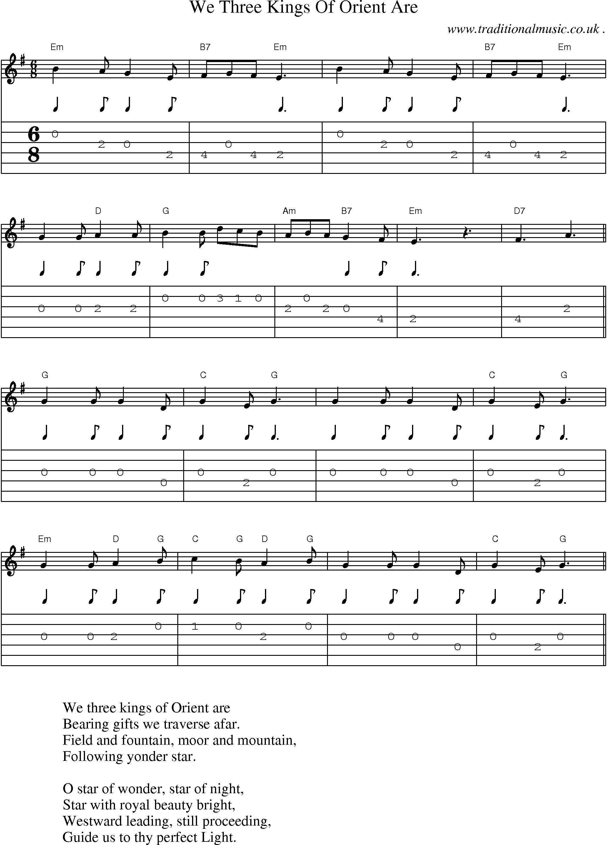 Music Score and Guitar Tabs for We Three Kings Of Orient Are