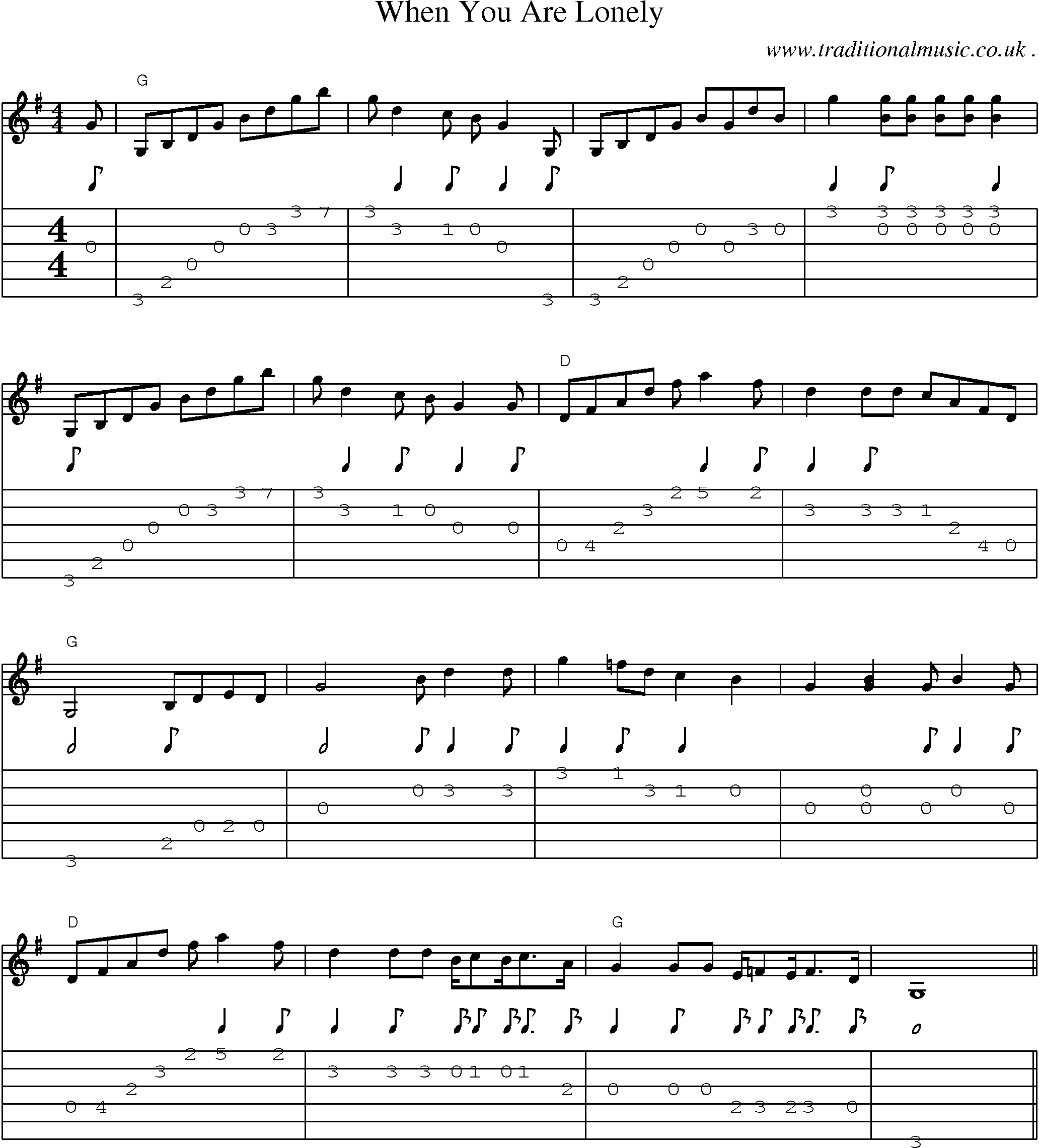 Music Score and Guitar Tabs for When You Are Lonely