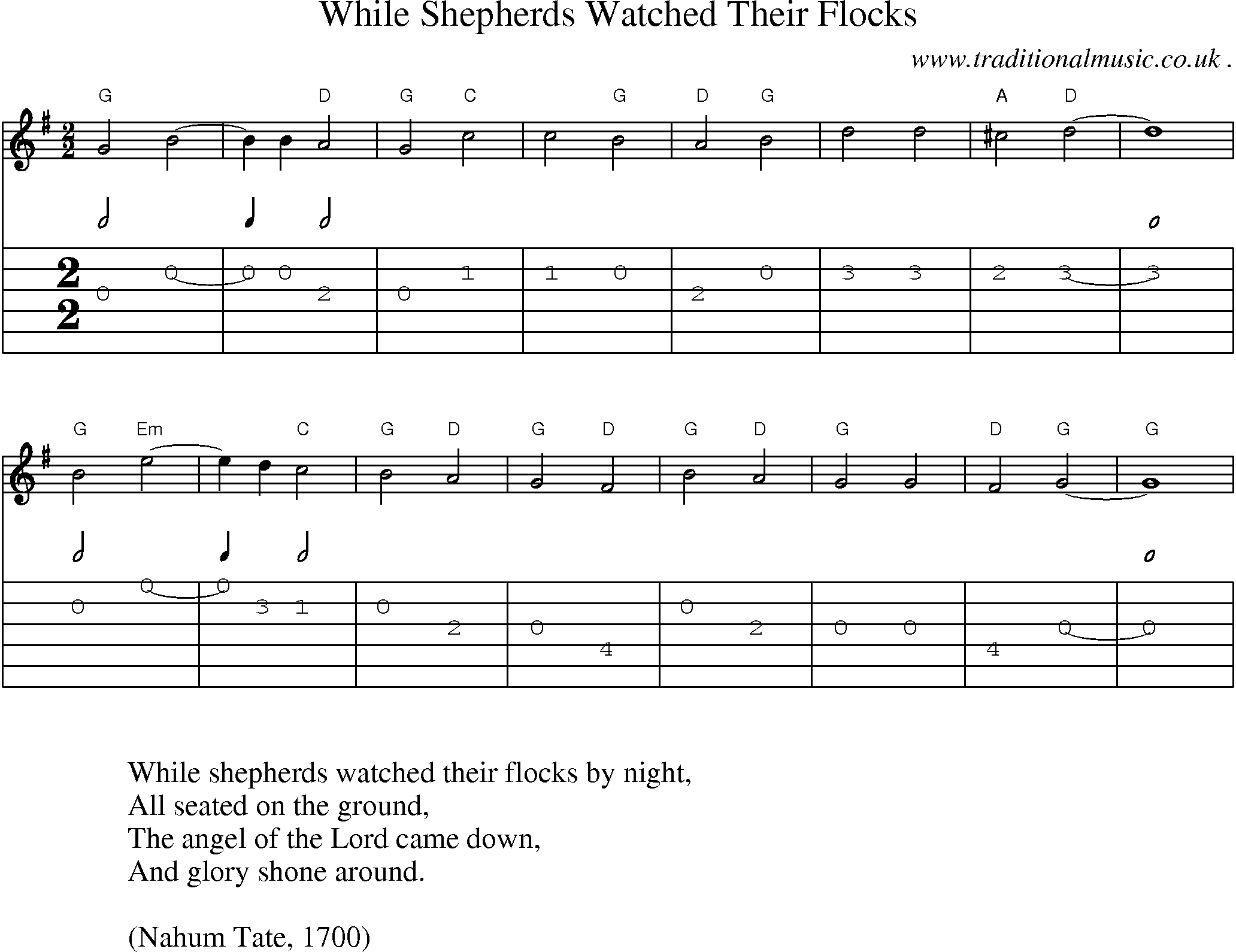 Music Score and Guitar Tabs for While Shepherds Watched Their Flocks