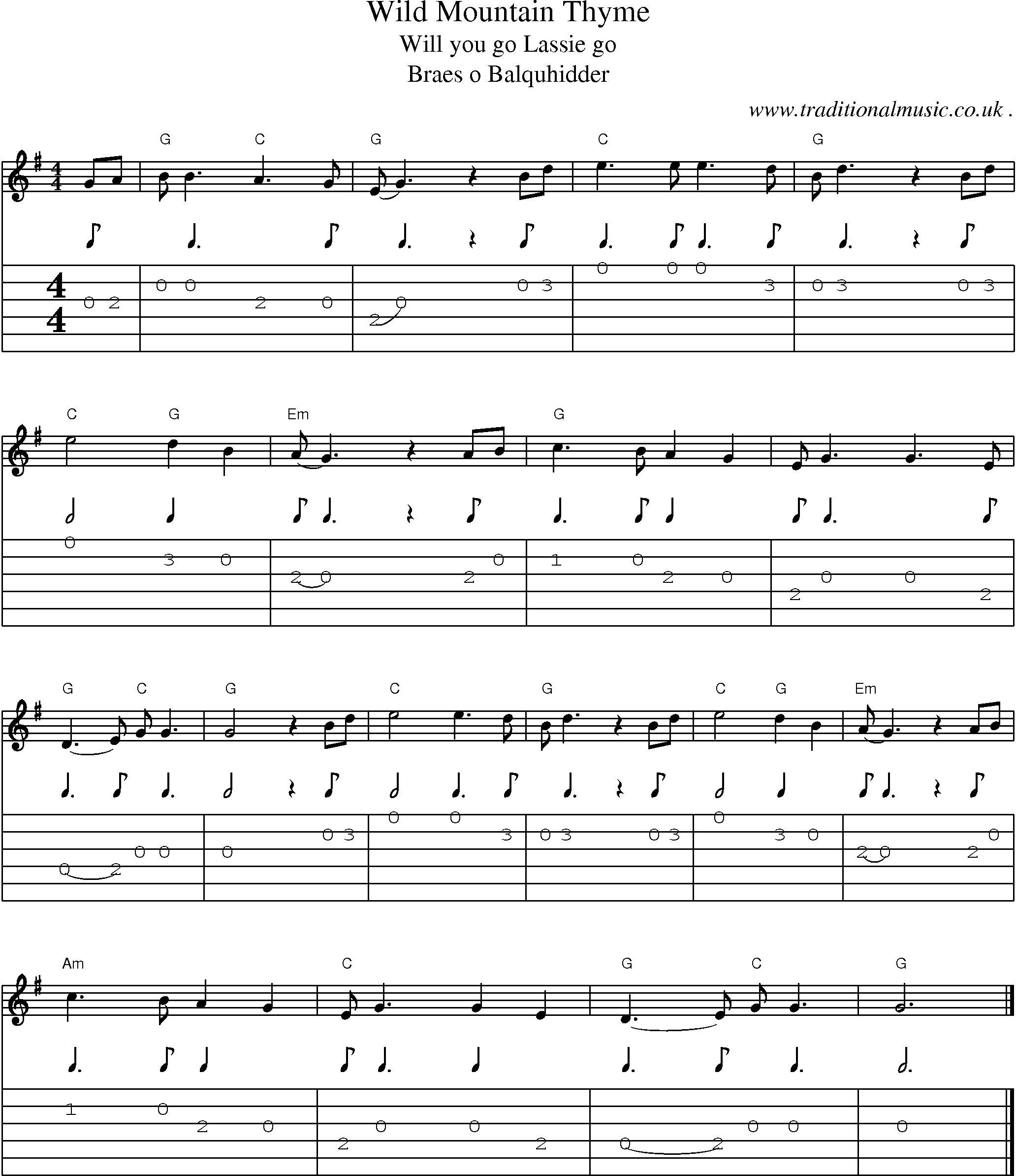Music Score and Guitar Tabs for Wild Mountain Thyme