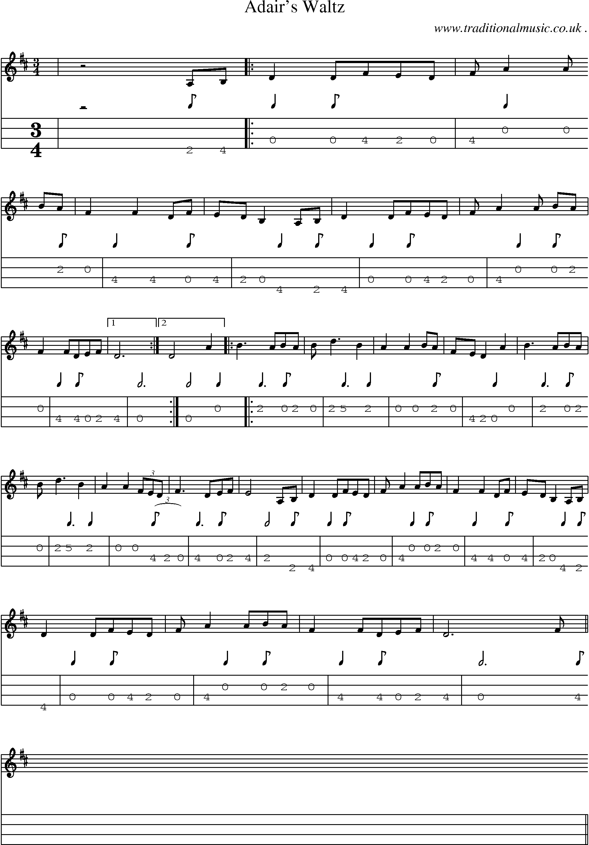 Music Score and Guitar Tabs for Adairs Waltz